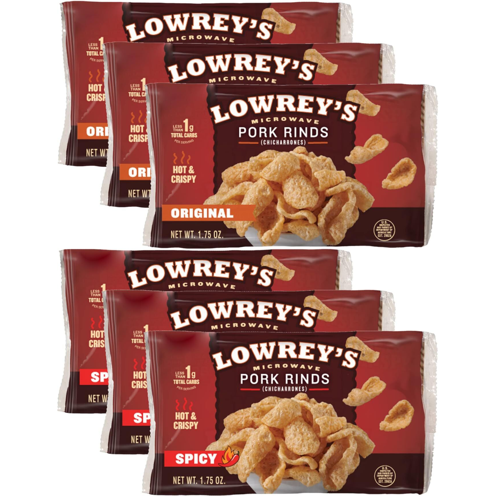 Lowreys Bacon Curls, Microwave Pork Rinds Variety Combo, Original & Hot & Spicy, 1.75 Oz (Pack Of 6)