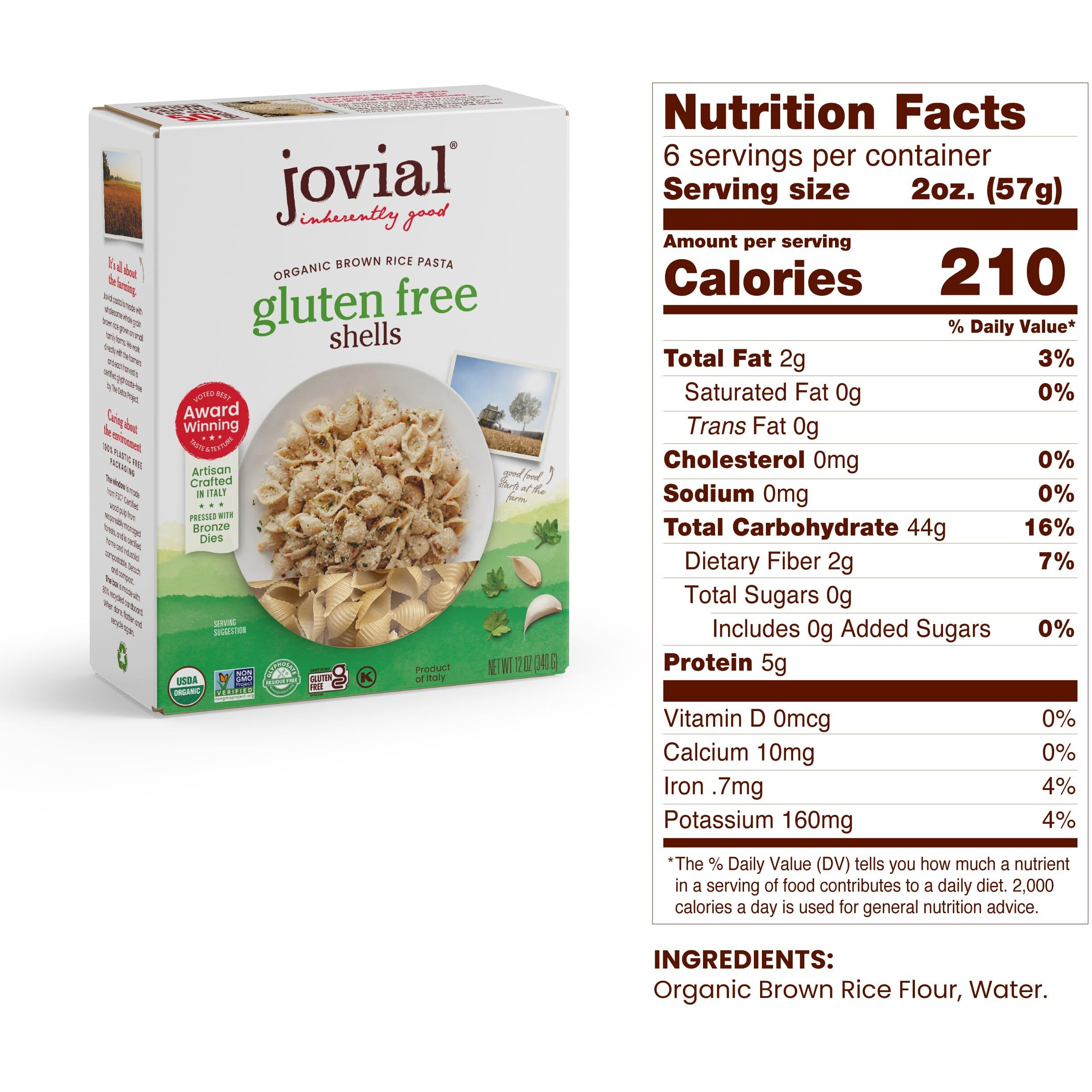 Jovial Shells Gluten-Free Pasta | Whole Grain Brown Rice Shells Pasta | Non-Gmo | Lower Carb | Kosher | Usda Certified Organic | Made In Italy | 12 Oz (2-Pack)