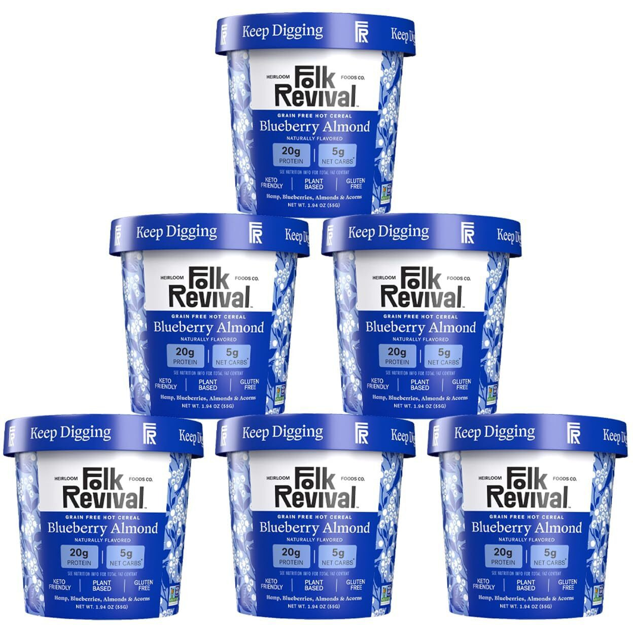 Folk Revival Blueberry Almond Hot Cereal | 20G Protein, 5G Net Carbs, High Fiber Instant Meal With Acorns - Non Gmo, Gluten Free, Keto Friendly - 6 Cups Per Case