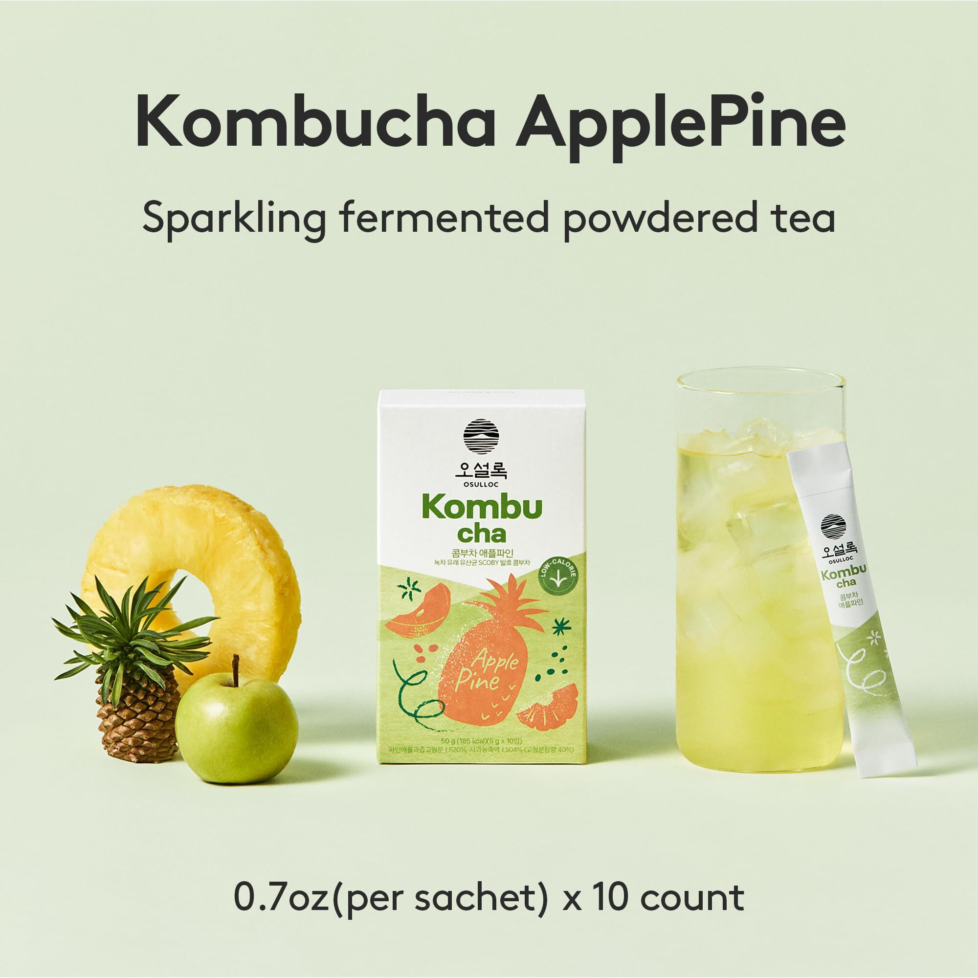 Osulloc Kombucha Tea Applepine (Pineapple & Apple), Electrolytes Powder & Hydration Drinks Packets, No Added Sugar, 10 Sticks, 1.76Oz