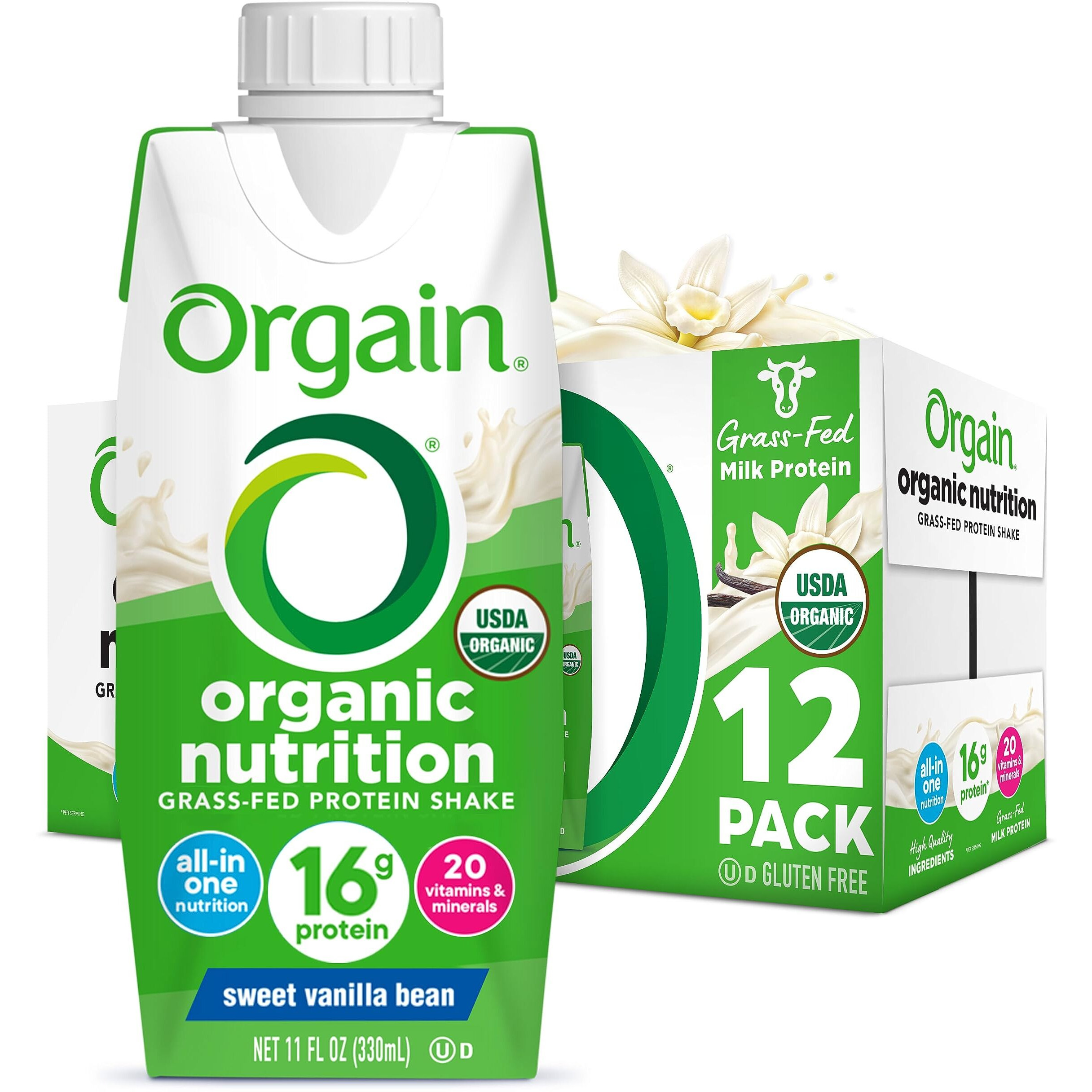 Orgain Organic Nutritional Protein Shake, Vanilla Bean - 16G Grass Fed Whey Protein, Meal Replacement, 20 Vitamins & Minerals, Fruits & Vegetables, Gluten Free, Non-Gmo, 11 Fl Oz (12 Pack)