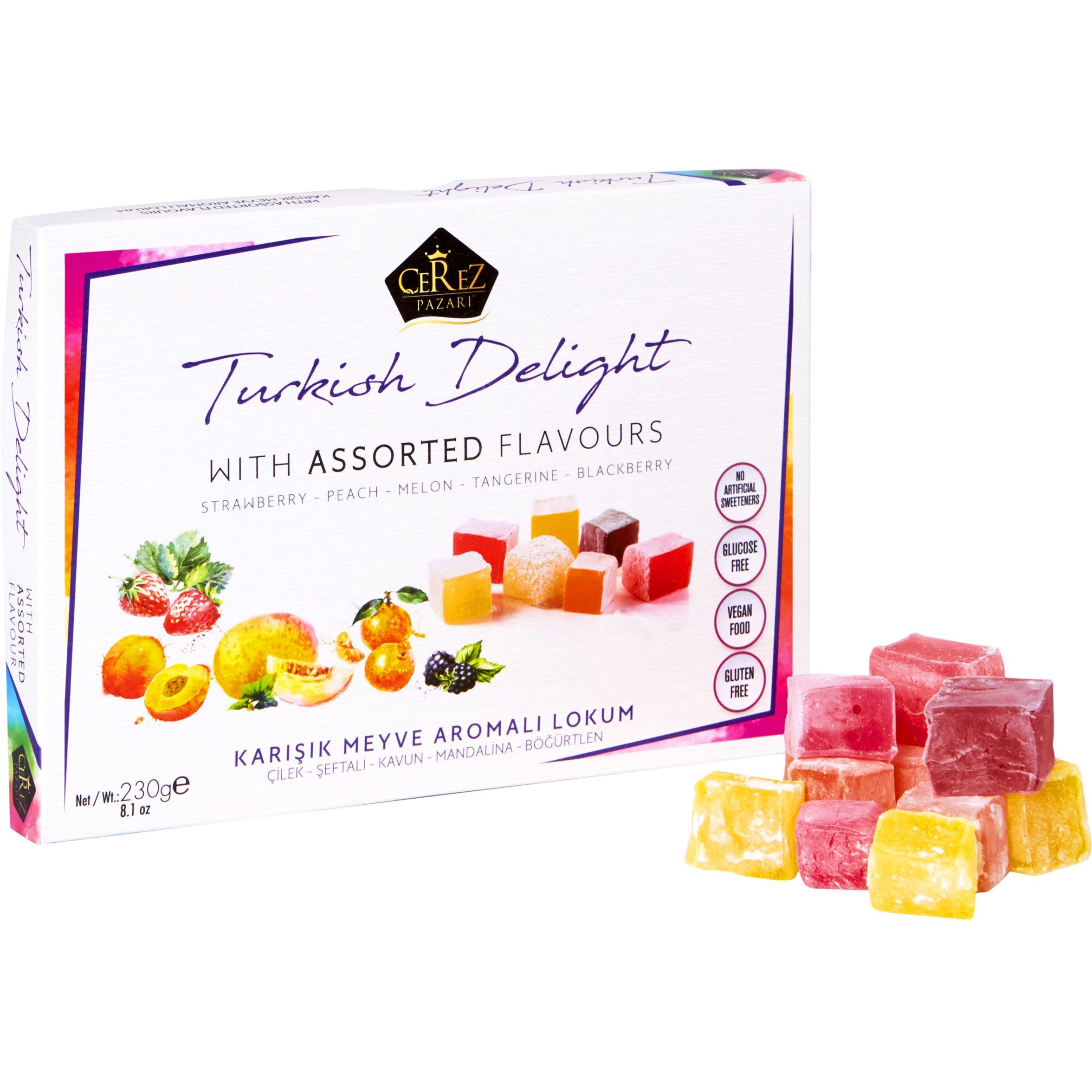 Cerez Pazari Turkish Delights Candy With Assorted Mix Flavours 8.1 Oz Vegan Fruit Snacks Gift Box | No Nuts Sweet Luxury Traditional Confectionery Lokum Loukoumi