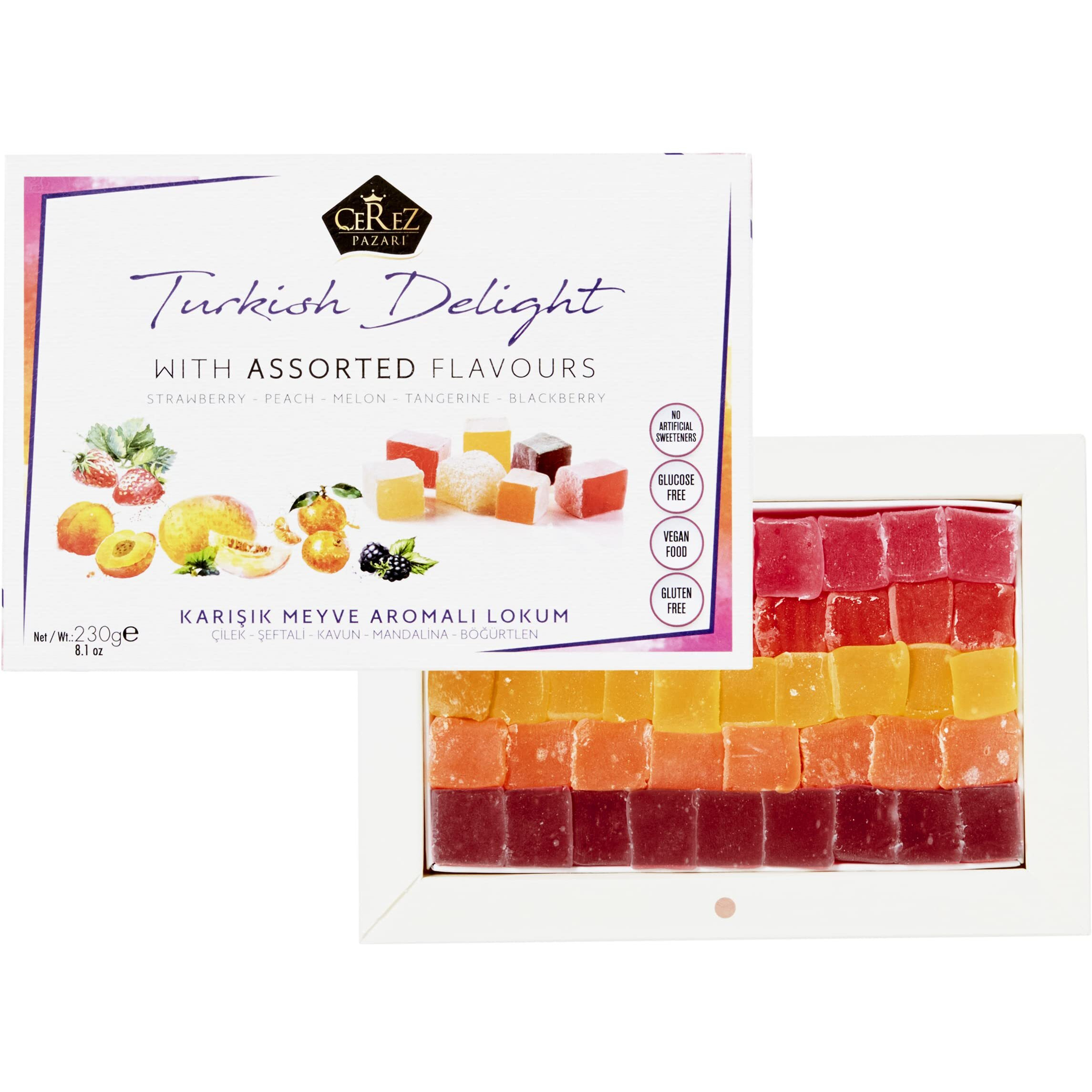 Cerez Pazari Turkish Delights Candy With Assorted Mix Flavours 8.1 Oz Vegan Fruit Snacks Gift Box | No Nuts Sweet Luxury Traditional Confectionery Lokum Loukoumi