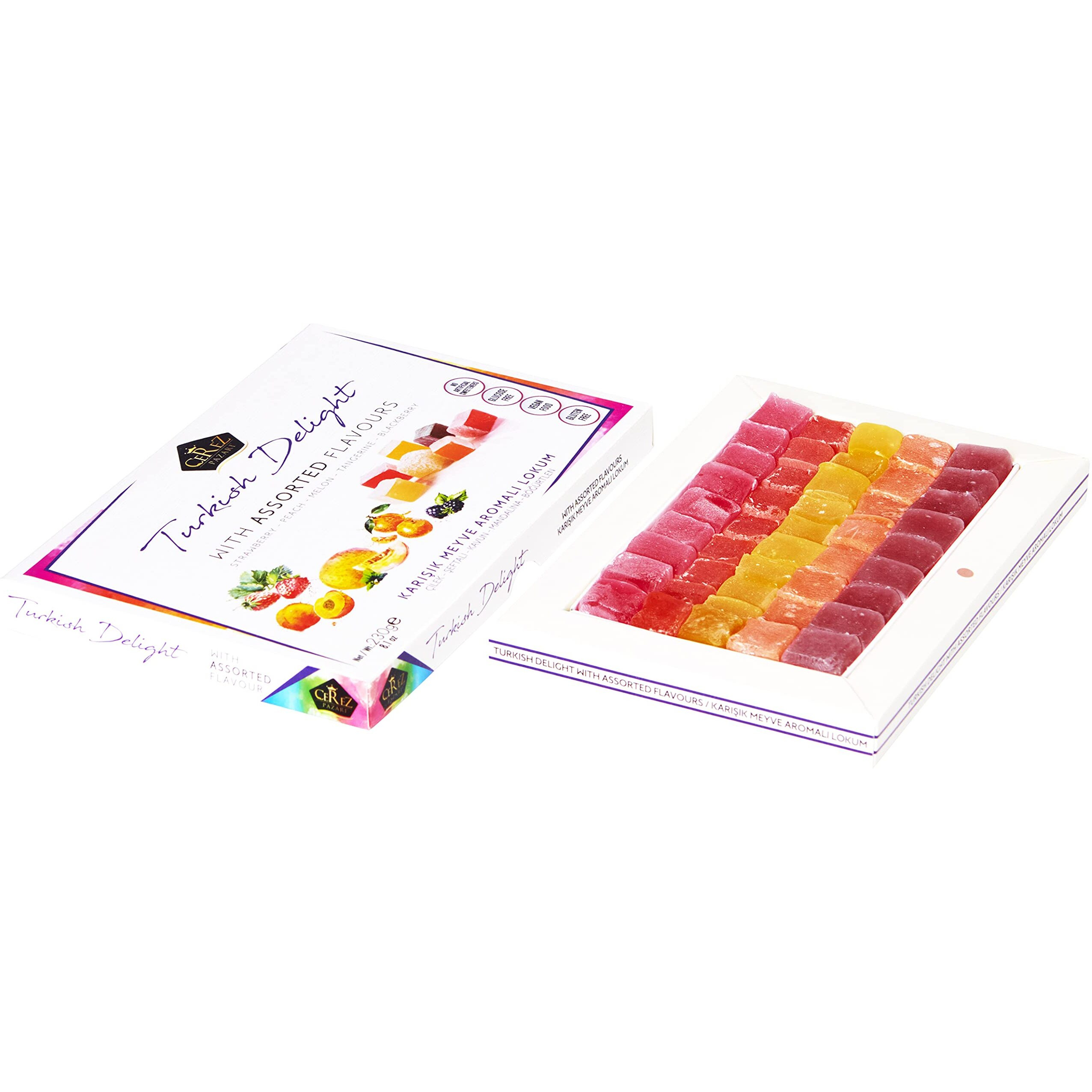 Cerez Pazari Turkish Delights Candy With Assorted Mix Flavours 8.1 Oz Vegan Fruit Snacks Gift Box | No Nuts Sweet Luxury Traditional Confectionery Lokum Loukoumi