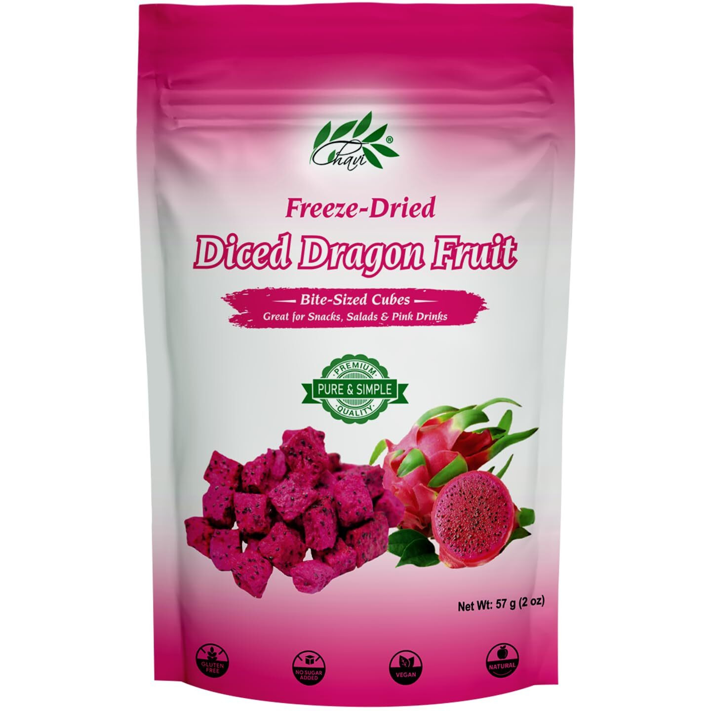 Chavi Freeze-Dried Diced Dragon Fruit Snack - 2 Oz - Healthy 1 Ingredient Superfood - No Added Sugars Or Preservatives - Non-Gmo, Vegan, Gluten-Free