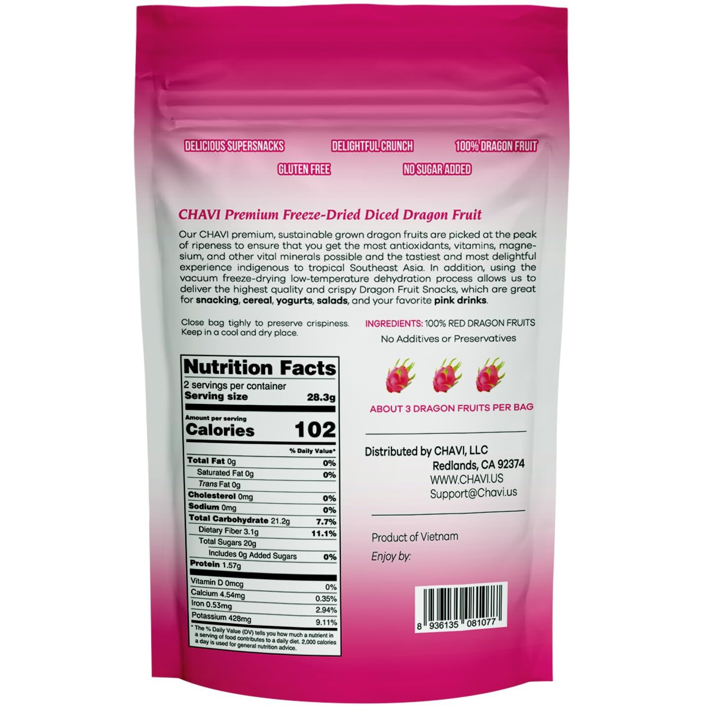 Chavi Freeze-Dried Diced Dragon Fruit Snack - 2 Oz - Healthy 1 Ingredient Superfood - No Added Sugars Or Preservatives - Non-Gmo, Vegan, Gluten-Free