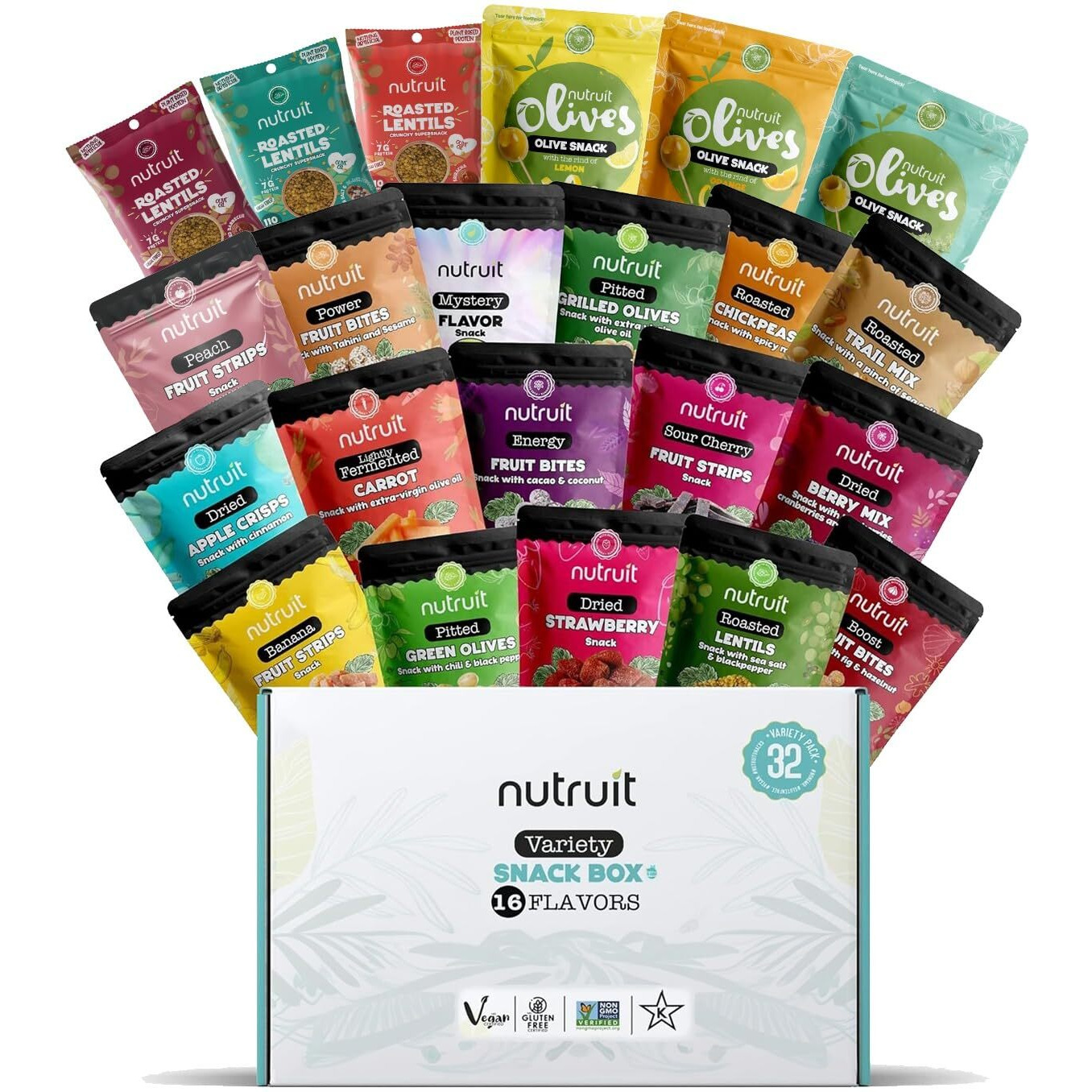 Nutruit Gourmet Healthy Snacks - 32 Pack Mega Variety Box - Vegan, Gluten Free, Non-Gmo Bulk Snacks - Kosher, High Protein, High Fiber, Plant-Based Healthy Snack - 1.2Oz Packs