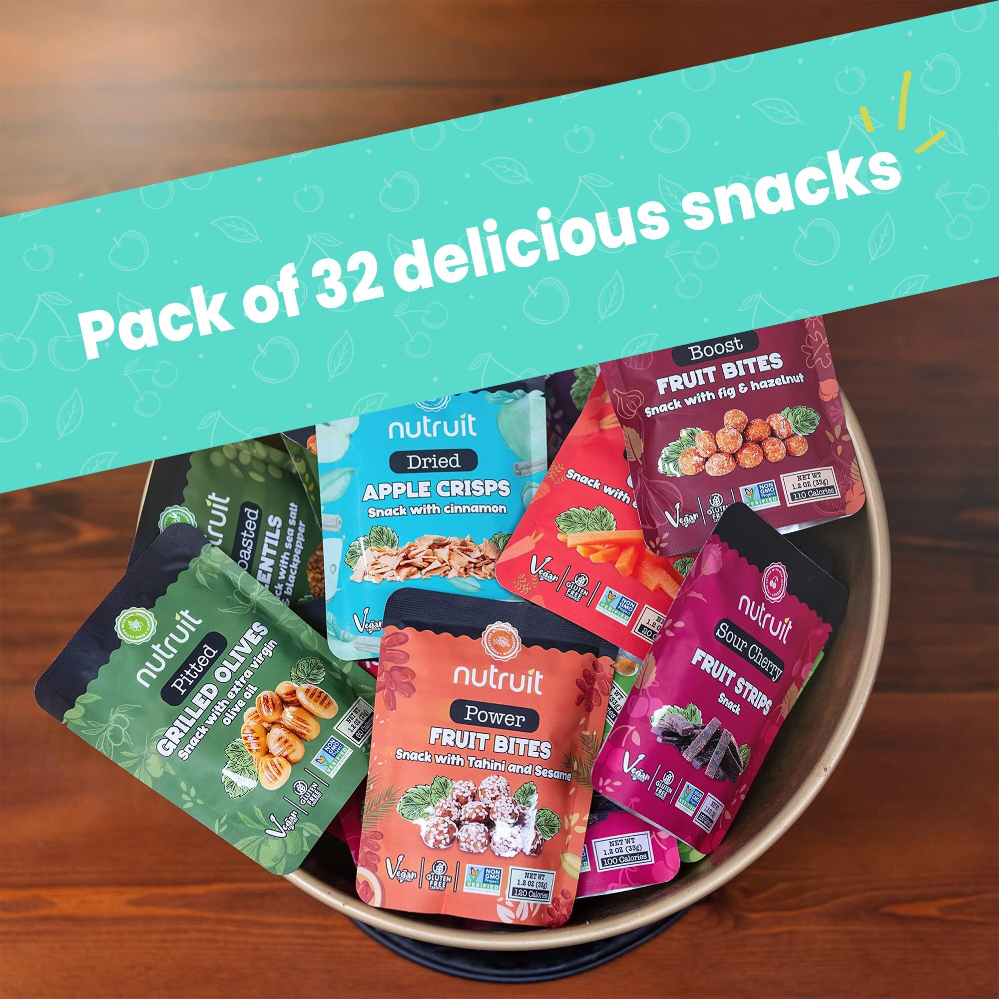 Nutruit Gourmet Healthy Snacks - 32 Pack Mega Variety Box - Vegan, Gluten Free, Non-Gmo Bulk Snacks - Kosher, High Protein, High Fiber, Plant-Based Healthy Snack - 1.2Oz Packs