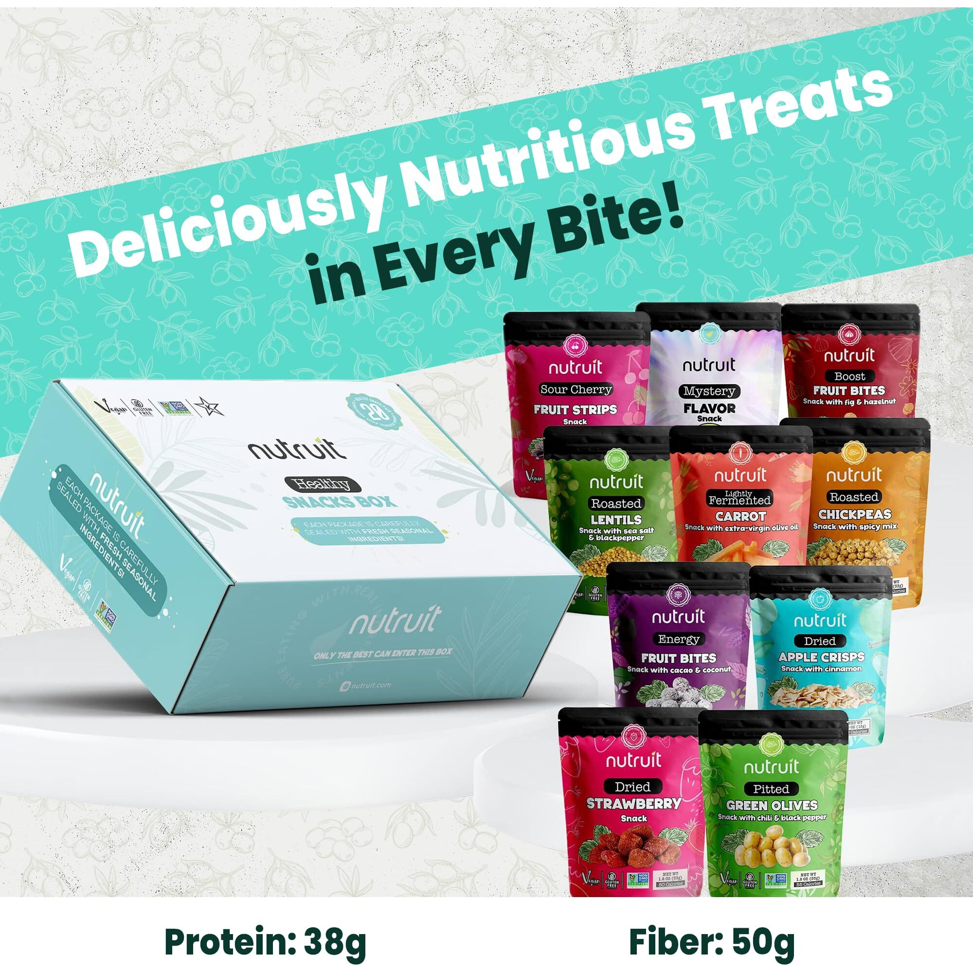 Nutruit Gourmet Healthy Snacks - 32 Pack Mega Variety Box - Vegan, Gluten Free, Non-Gmo Bulk Snacks - Kosher, High Protein, High Fiber, Plant-Based Healthy Snack - 1.2Oz Packs