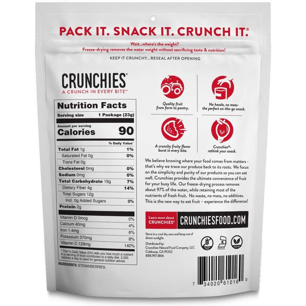 Crunchies Freeze-Dried Fruits, 100% All Natural Crispy Fruit, Non Gmo And Kosher, Resealable Freeze Dried Fruit Snack Packs, Pack Of 6 (Strawberries)