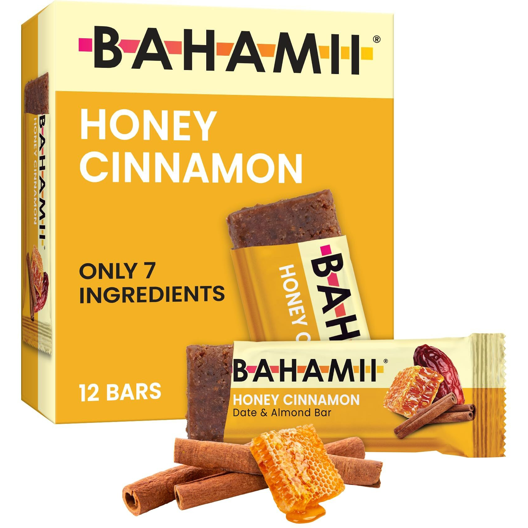 Bahamii Date And Almond Bars, Honey Cinnamon - Non Gmo Healthy Snacks, Gluten Free - Dairy Free, Organic Honey, Kosher - 12 Count