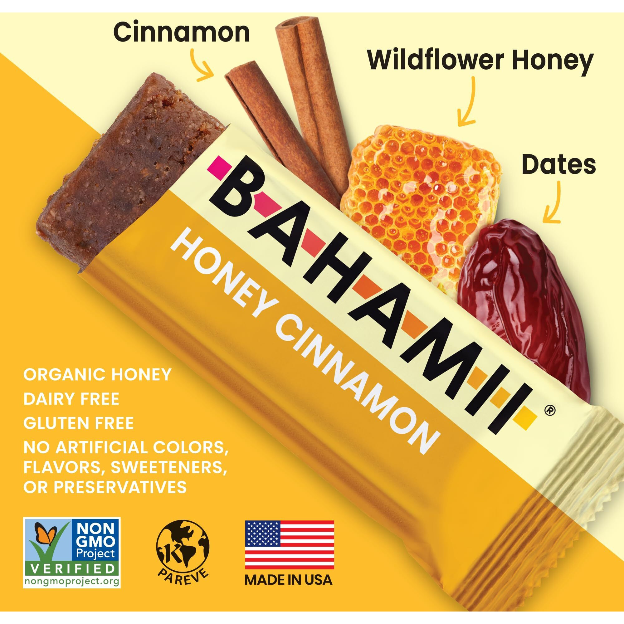 Bahamii Date And Almond Bars, Honey Cinnamon - Non Gmo Healthy Snacks, Gluten Free - Dairy Free, Organic Honey, Kosher - 12 Count