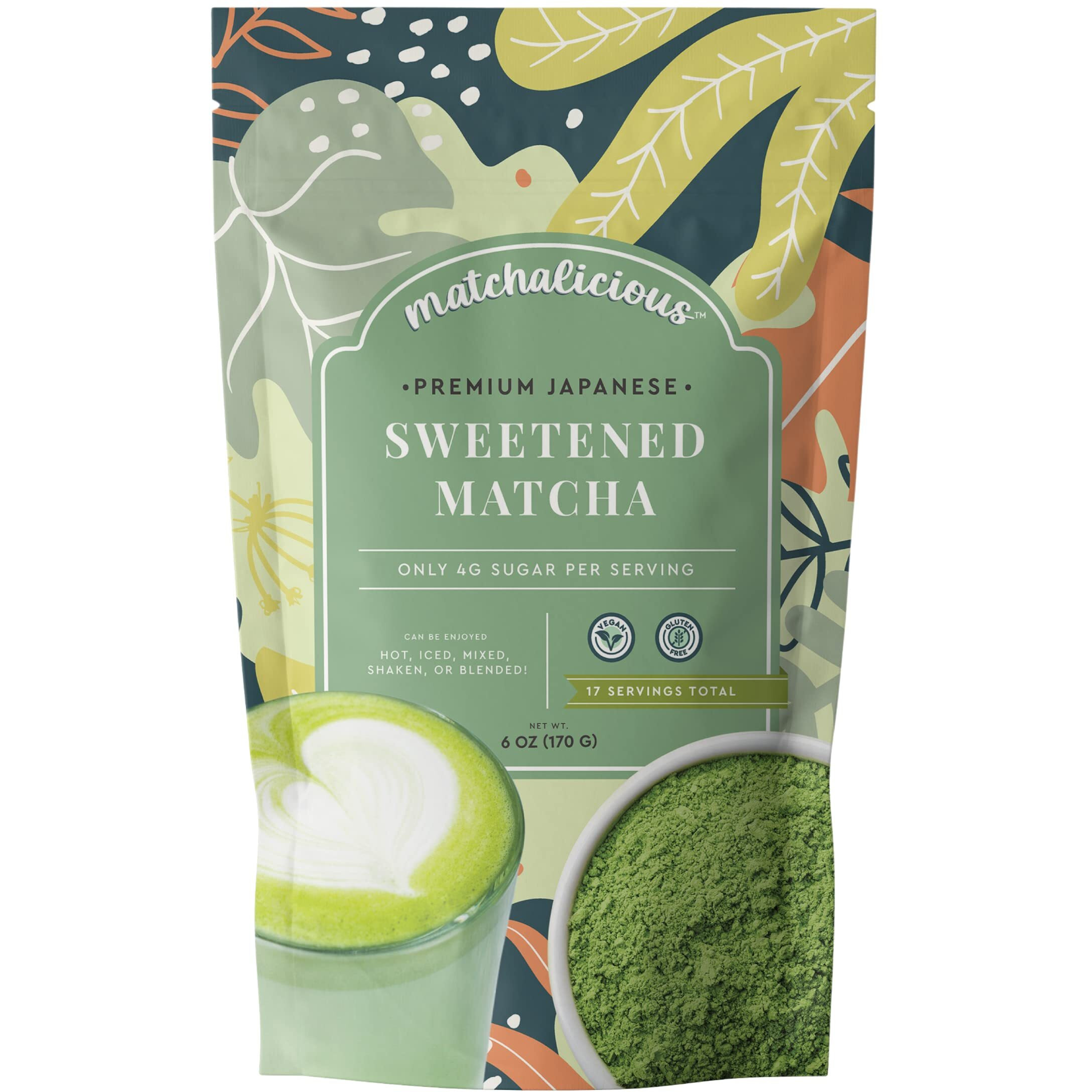 Matchalicious Japanese Matcha Powder, Sweetened Green Tea Powder Vegan, Gluten Free, Low Sugar, For Baking, Lattes, Smoothies, And Matcha Tea, Just Add Water, Dissolves Easily, 17 Servings, 6 Oz