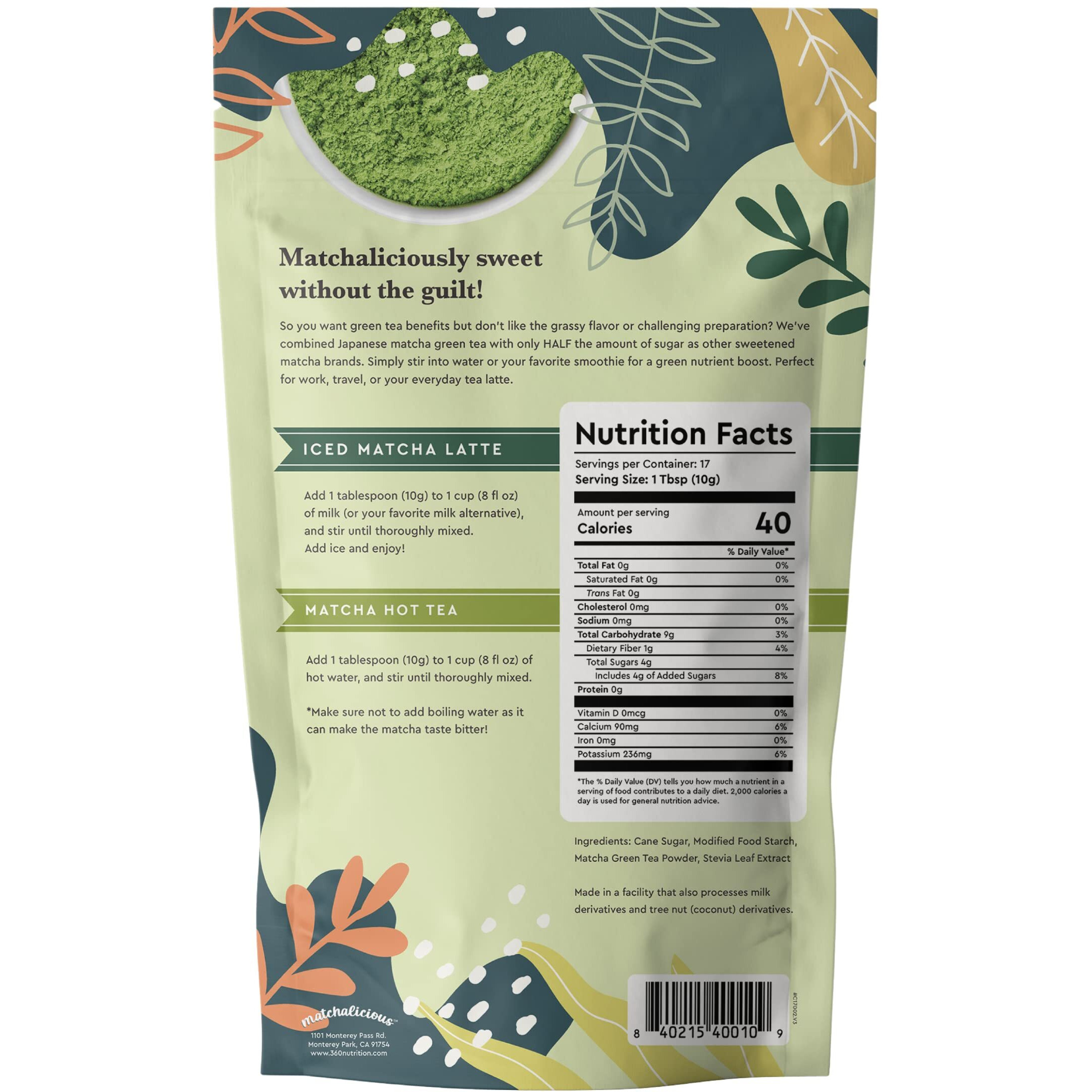 Matchalicious Japanese Matcha Powder, Sweetened Green Tea Powder Vegan, Gluten Free, Low Sugar, For Baking, Lattes, Smoothies, And Matcha Tea, Just Add Water, Dissolves Easily, 17 Servings, 6 Oz
