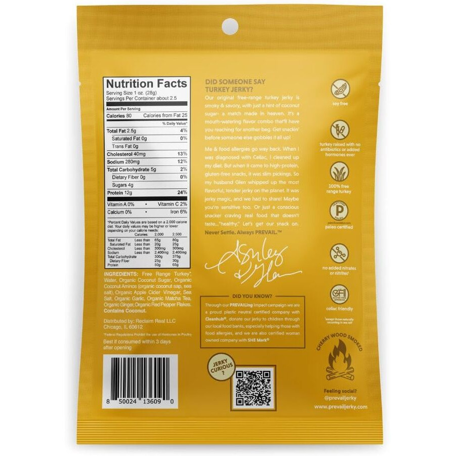 Free-Range Turkey Jerky, By Prevail - Low Sodium And Gluten Free | Pack Of (3) Bags | | Our Gourmet Jerky Is Paleo Certified, Soy Free, Free Of Preservatives, And Contains No Gmo's