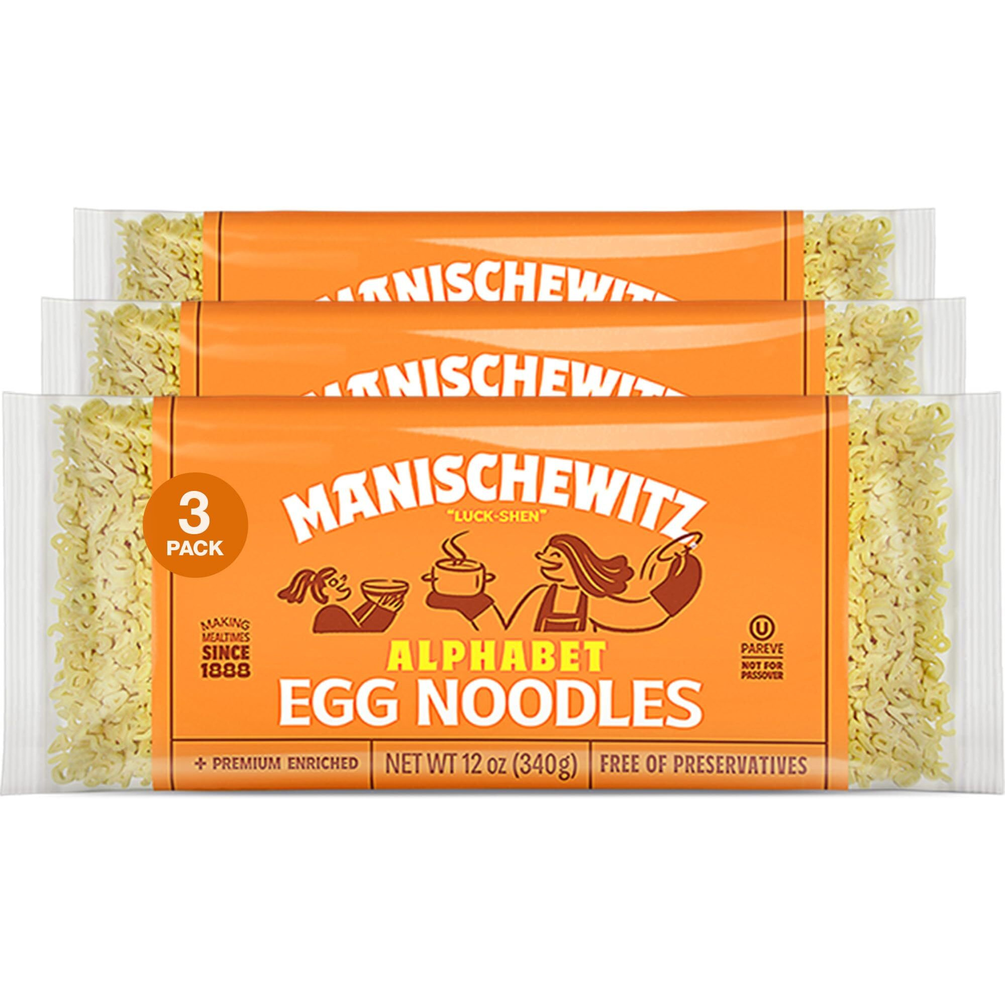 Manischewitz Alphabet Abc Pasta Egg Noodles 12Oz (3 Pack), Home-Style Taste & Texture, Premium Enriched, Low Sodium, No Preservatives