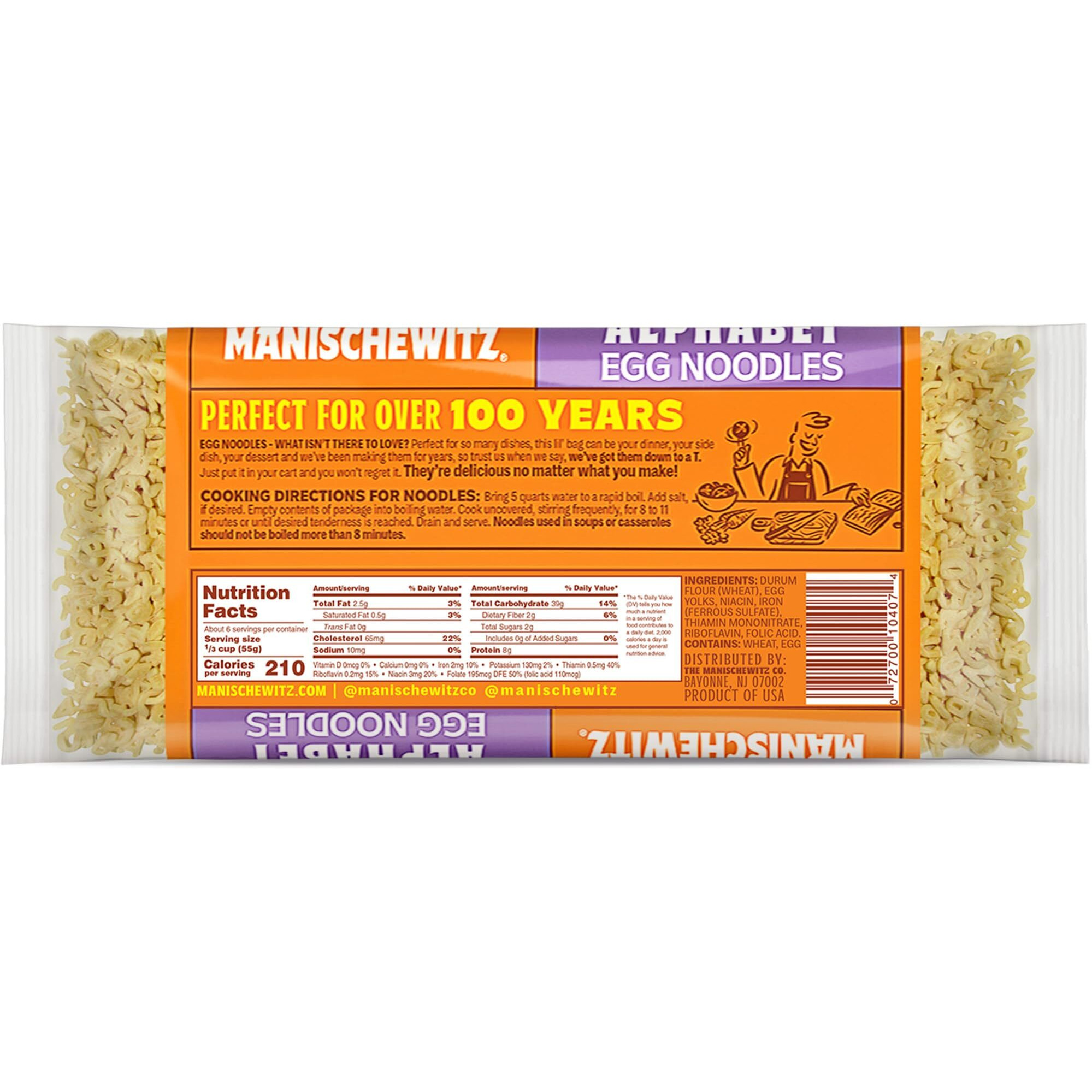 Manischewitz Alphabet Abc Pasta Egg Noodles 12Oz (3 Pack), Home-Style Taste & Texture, Premium Enriched, Low Sodium, No Preservatives