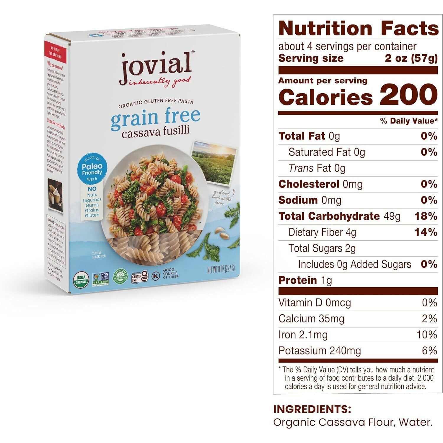 Jovial Grain-Free Cassava Fusilli - Cassava Fusilli Pasta, Paleo Friendly Pasta, Grain-Free, Certified Gluten-Free, Usda Certified Organic, Non-Gmo, High-Fiber - 8 Oz (Pack Of 6)