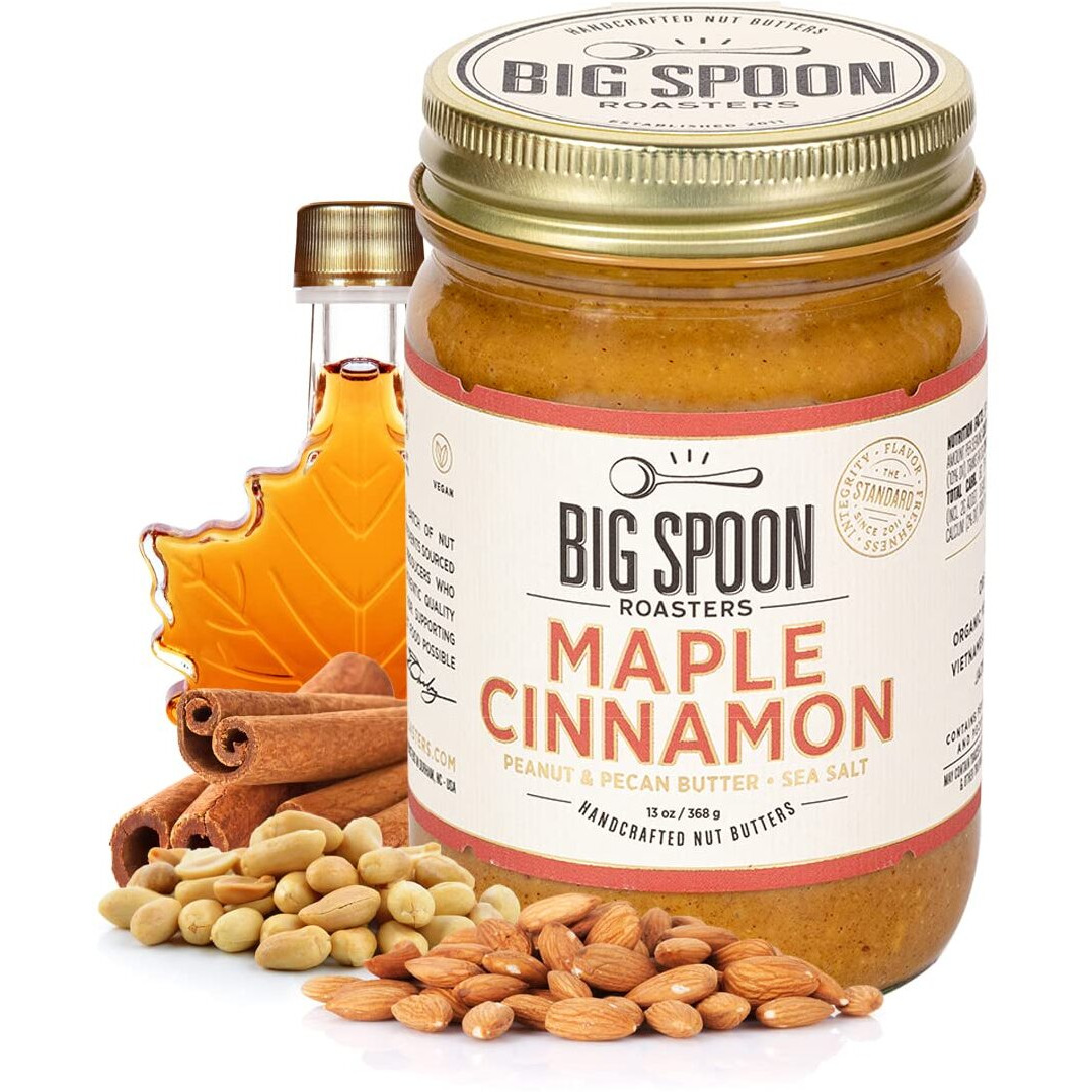 Big Spoon Roasters Maple Cinnamon Peanut & Pecan Butter - Low Sugar Peanut Butter - Creamy Peanut Butter W/Maple Syrup, Organic Peanuts & Pecans - Keto, Vegan, Palm Free Maple Nut Butter - 13 Ounces