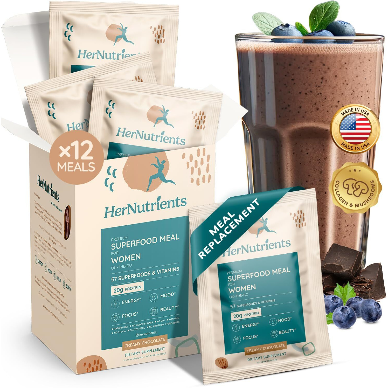 Superfood Meal Replacement For Women - All-In-One Protein Powder With Greens & Vitamins & Collagen | Chocolate Protein Shake For Women's Health, Energy, Focus, Beauty, Mood, No Added Sugar | Chocolate