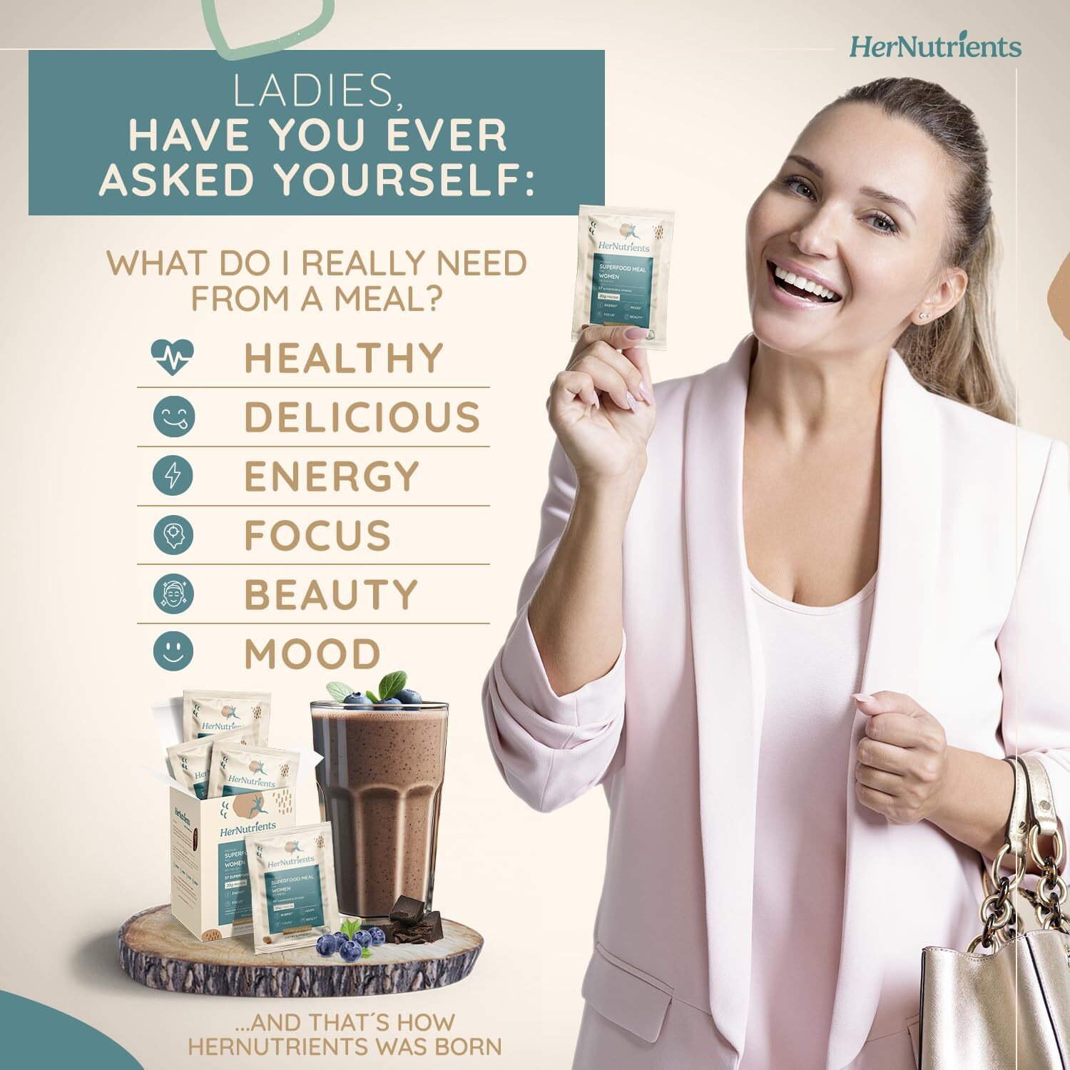 Superfood Meal Replacement For Women - All-In-One Protein Powder With Greens & Vitamins & Collagen | Chocolate Protein Shake For Women's Health, Energy, Focus, Beauty, Mood, No Added Sugar | Chocolate