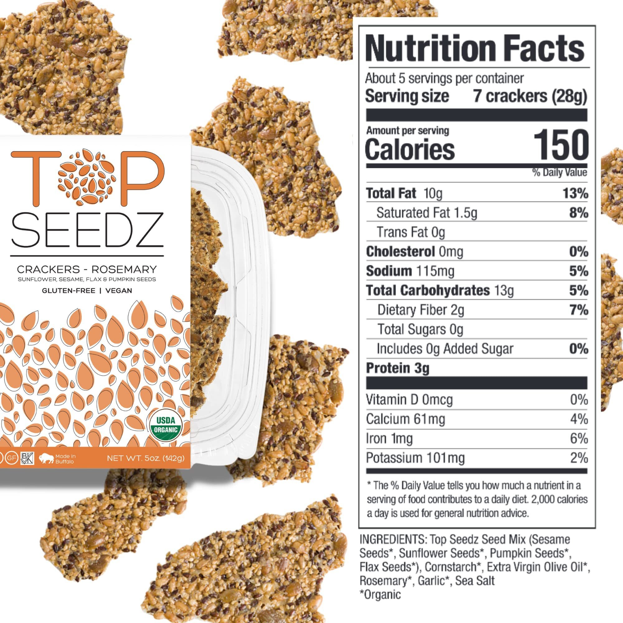 Top Seedz Certified Organic Gluten Free Rosemary Seed Crackers | 2-Pack | 5 Ounces | Healthy Vegan Crackers With Plant Based Protein | Made Of Sunflower, Flax, Sesame And Pumpkin Seed