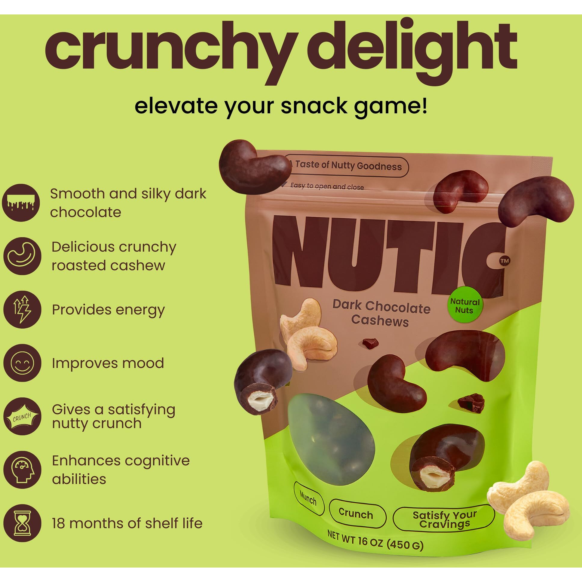 Nutic Dark Chocolate Covered Cashews - 1 Lb, Irresistibly Rich Dark Chocolate Coating, Perfect Holiday Treats & Snacks, Made In The Usa - (Pack Of 1)