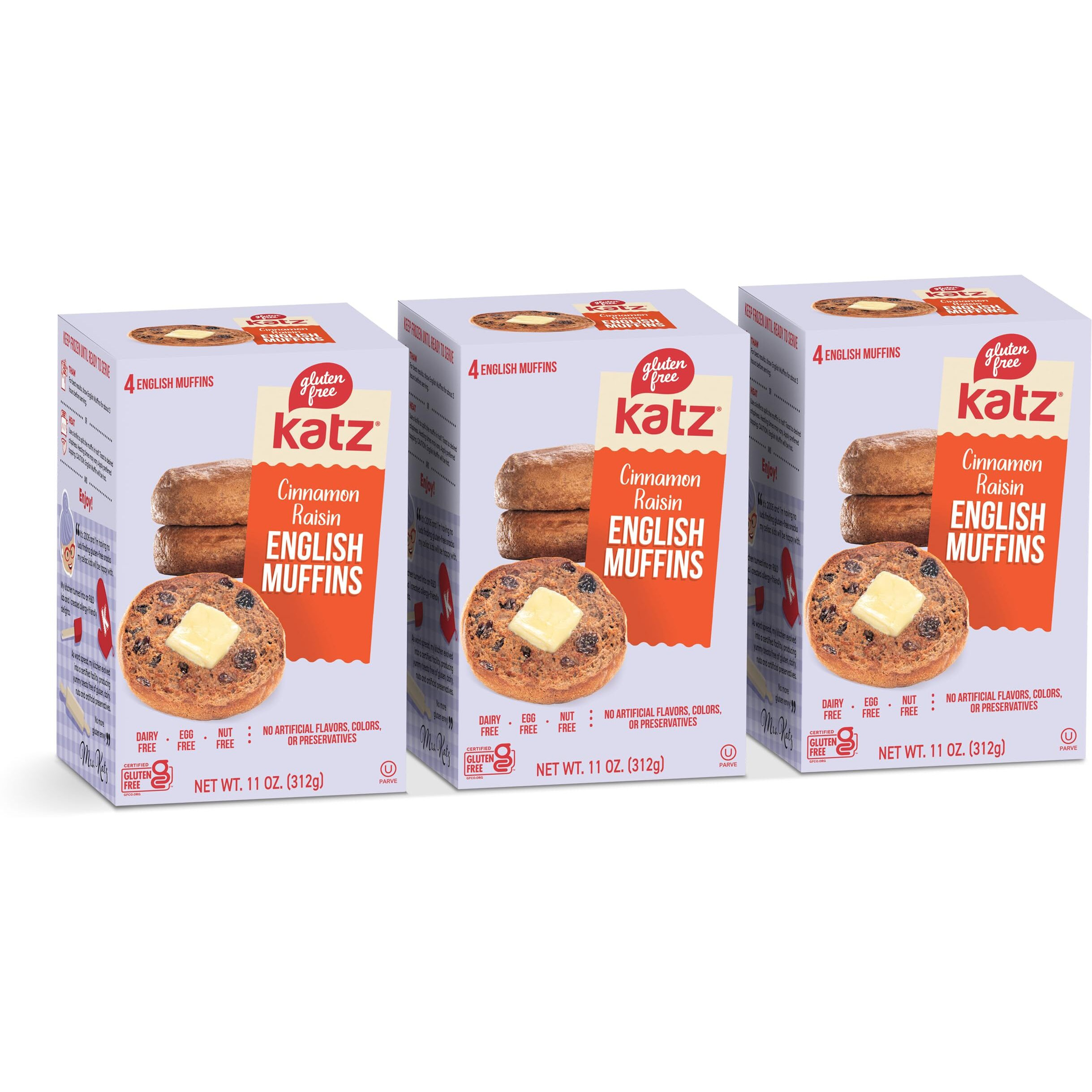 Katz Gluten Free Vegan English Muffins. Cinnamon Raisin. Easy To Prepare Your Vegan Breakfast Sandwich. Dairy Free, Egg Free, Nut Free, Peanut Free. 11 Oz (Pack Of 3)
