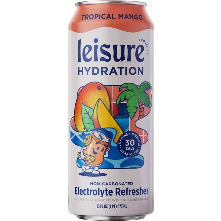 Leisure Project Electrolyte Refresher, Tropical Mango (16Oz Cans, 12 Pack) Mango Hydration Drink W/Magnesium & Ashwagandha For Mood & Stress Support, Low Sugar Drink W/Real Fruit, Vitamins & Minerals