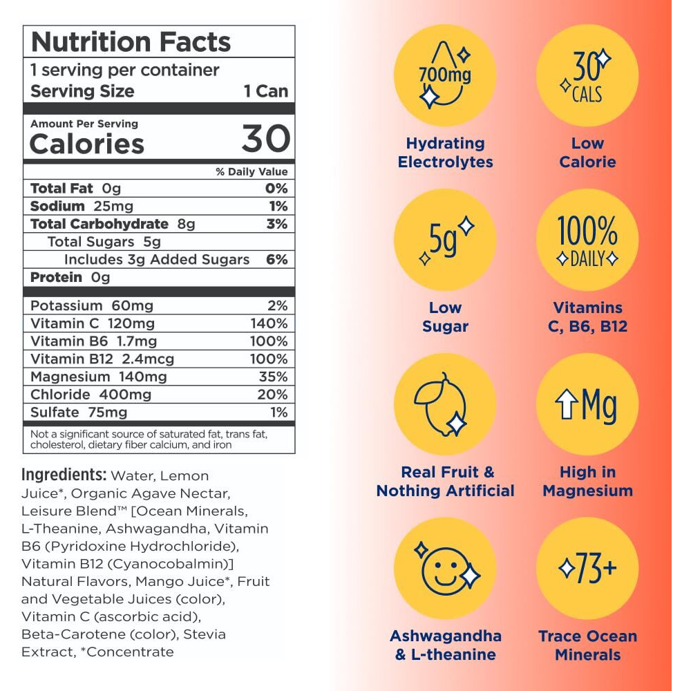Leisure Project Electrolyte Refresher, Tropical Mango (16Oz Cans, 12 Pack) Mango Hydration Drink W/Magnesium & Ashwagandha For Mood & Stress Support, Low Sugar Drink W/Real Fruit, Vitamins & Minerals