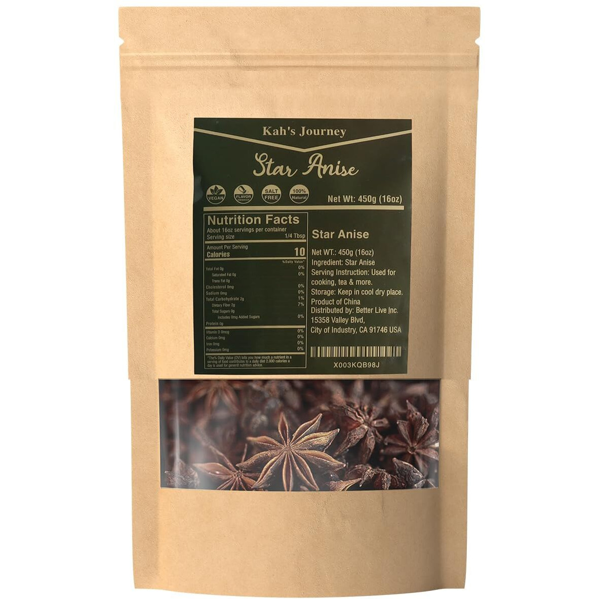 Kah's Journey Star Anise - Star Anise Whole 16 Oz, Chinese Star Anise Pods For Cooking, Baking, Or Brewing Tea, Dried Star Anise Spice