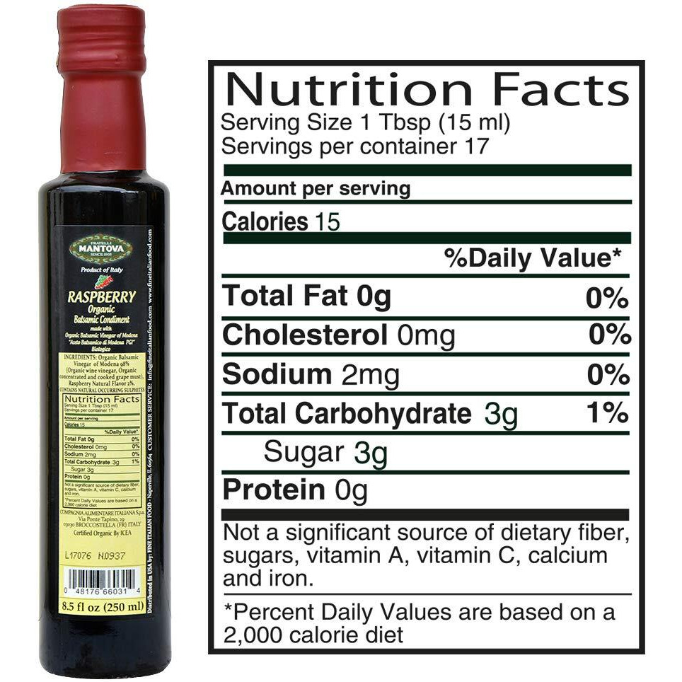Mantova Organic Raspberry Balsamic Vinegar Of Modena, Perfect For Salad Dressing, Pasta Salad, Ice Cream And Cocktails, 8.5 Oz