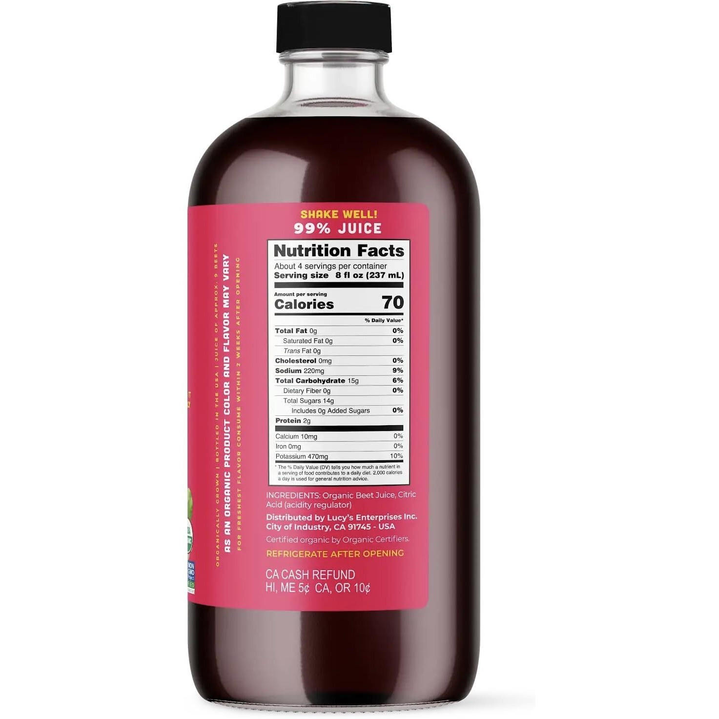 Lucys Family Owned - American Beets Organic 99% Pure Beet Juice, 34 Oz. Glass Bottle (Made From Fresh Pressed)