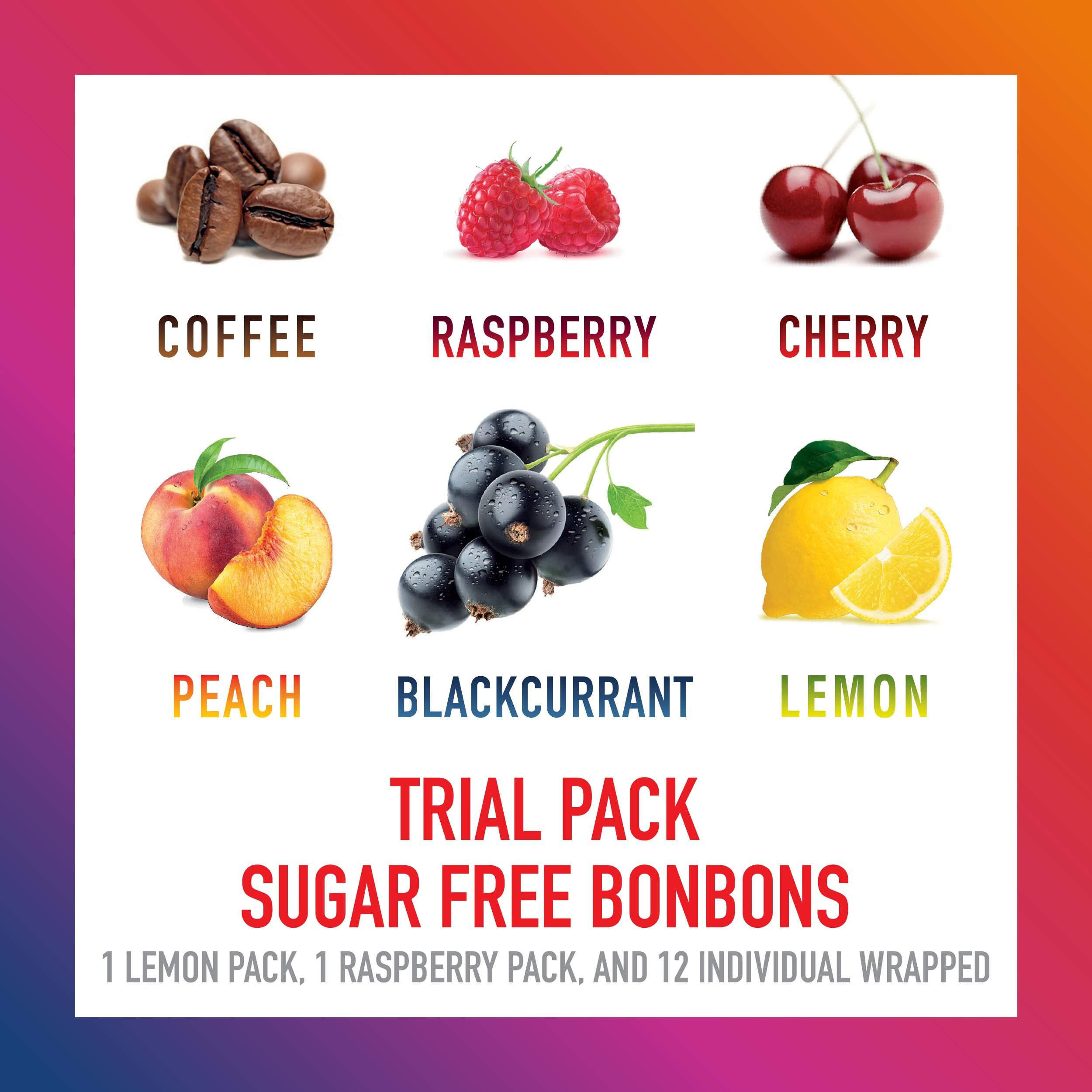 Swiss Imports Sugar Free Bonbons Hard Candy Drops Trial Pack Of Cherry, Coffee, Lemon, Peach, Blackcurrant, And Raspberry, 2 1.4 Oz/ 40G Box And 12 Individually Wrapped Pieces