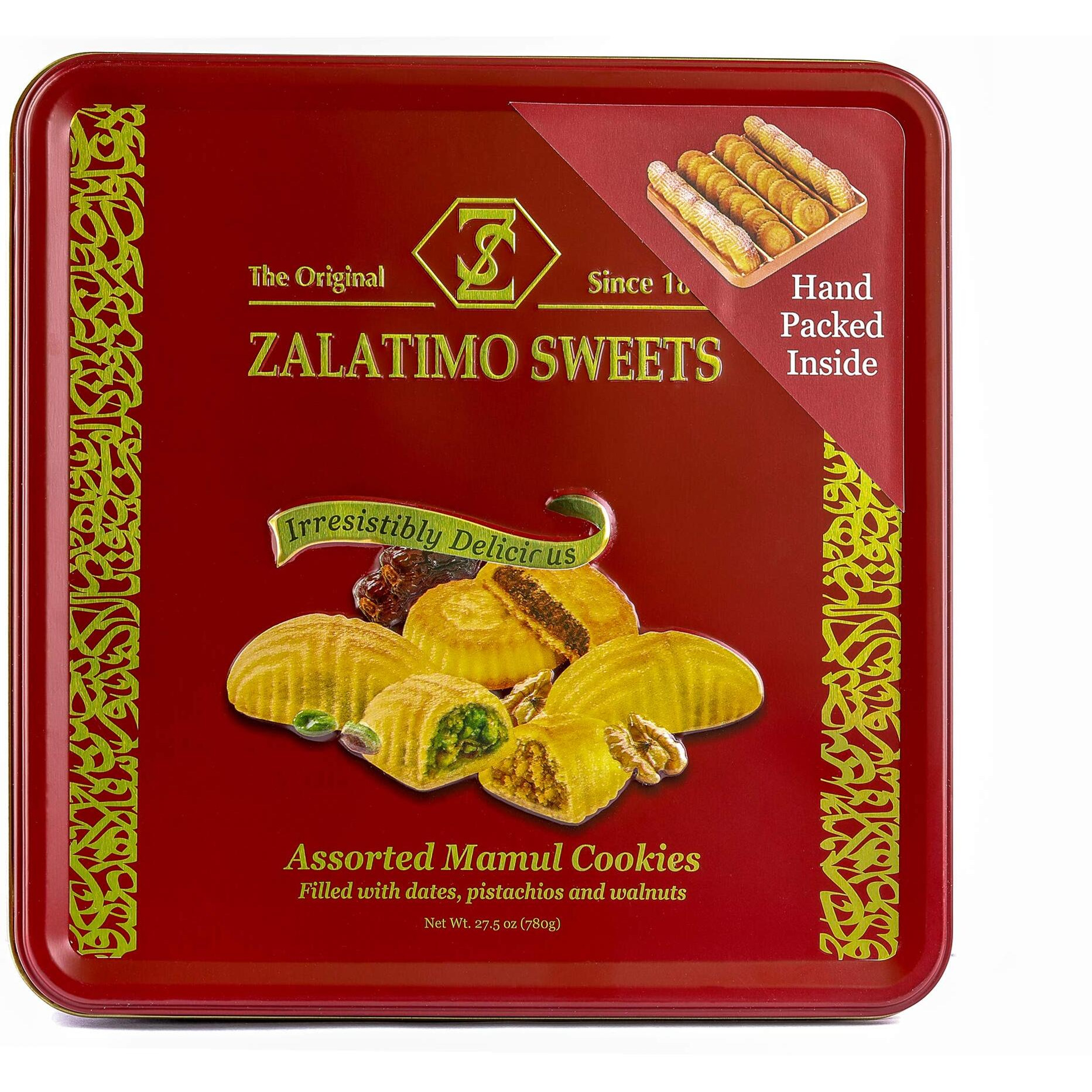Zalatimo Sweets Since 1860, 100% All Natural Assorted Mamoul Shortbread Cookies, Square Metal Gift Tin, Slightly Sweet Cookies, Pistachio, Walnuts, Dates, No Preservatives, No Additives, 1.7Lbs