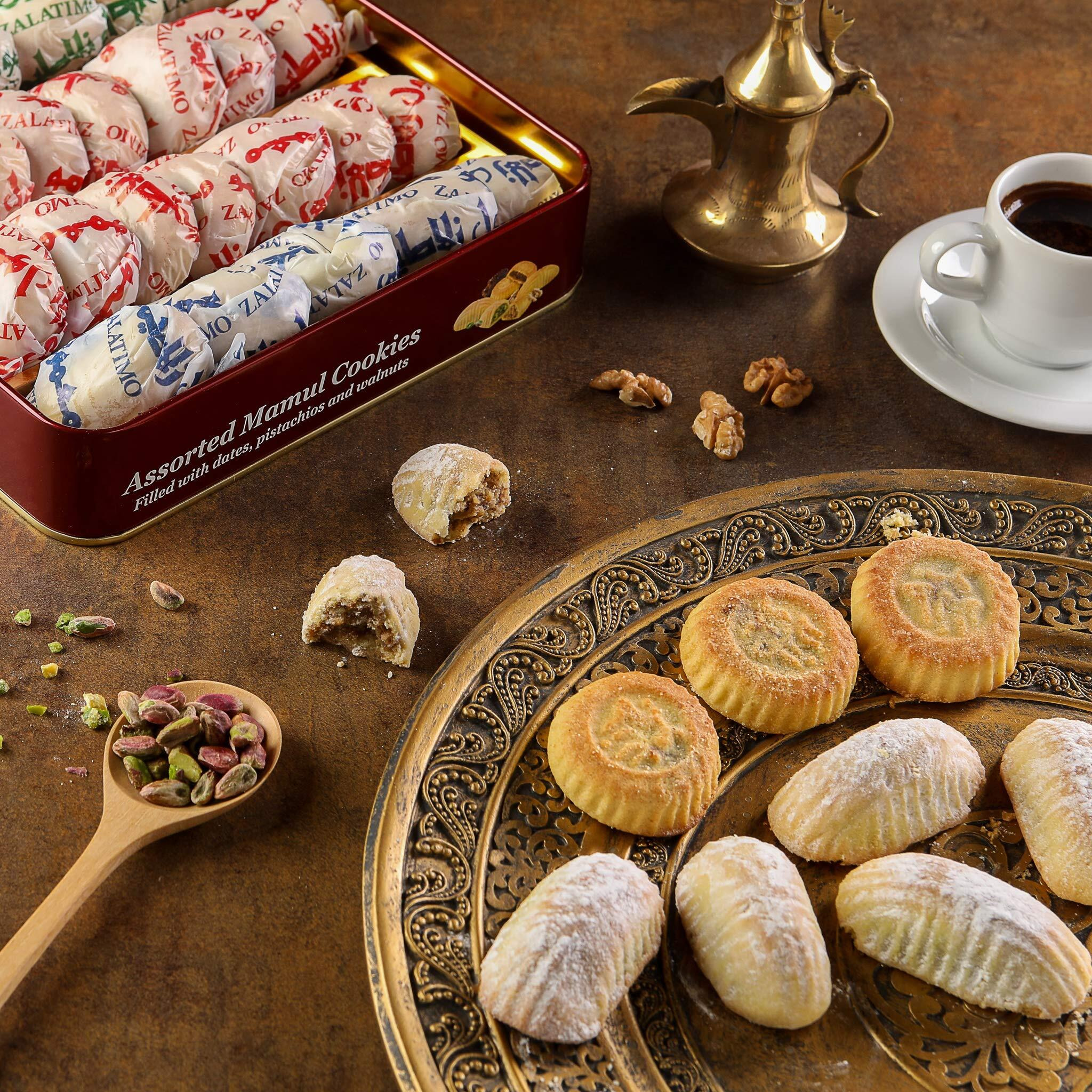 Zalatimo Sweets Since 1860, 100% All Natural Assorted Mamoul Shortbread Cookies, Square Metal Gift Tin, Slightly Sweet Cookies, Pistachio, Walnuts, Dates, No Preservatives, No Additives, 1.7Lbs