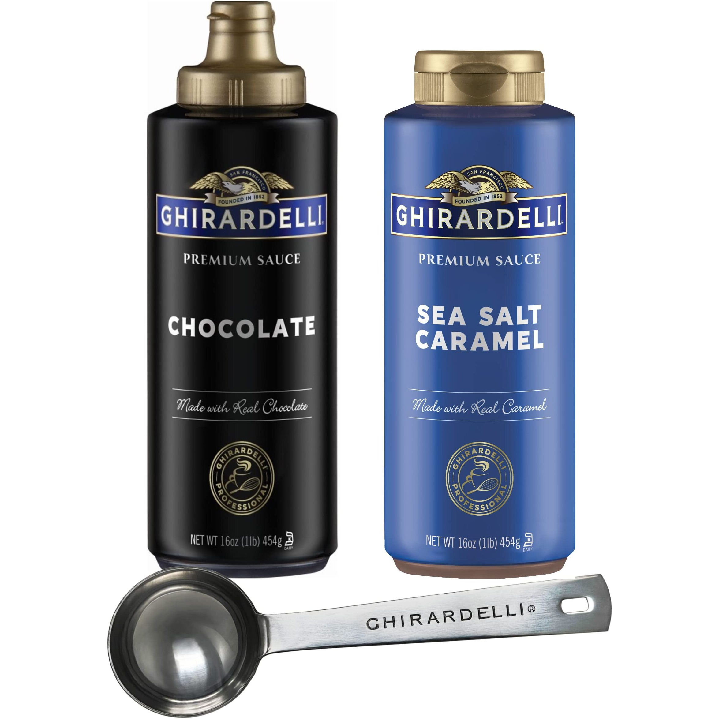 Ghirardelli Sea Salt Caramel And Chocolate Flavored Sauce 16 Oz Squeeze Bottles (Pack Of 2) With Ghirardelli Stamped Barista Spoon
