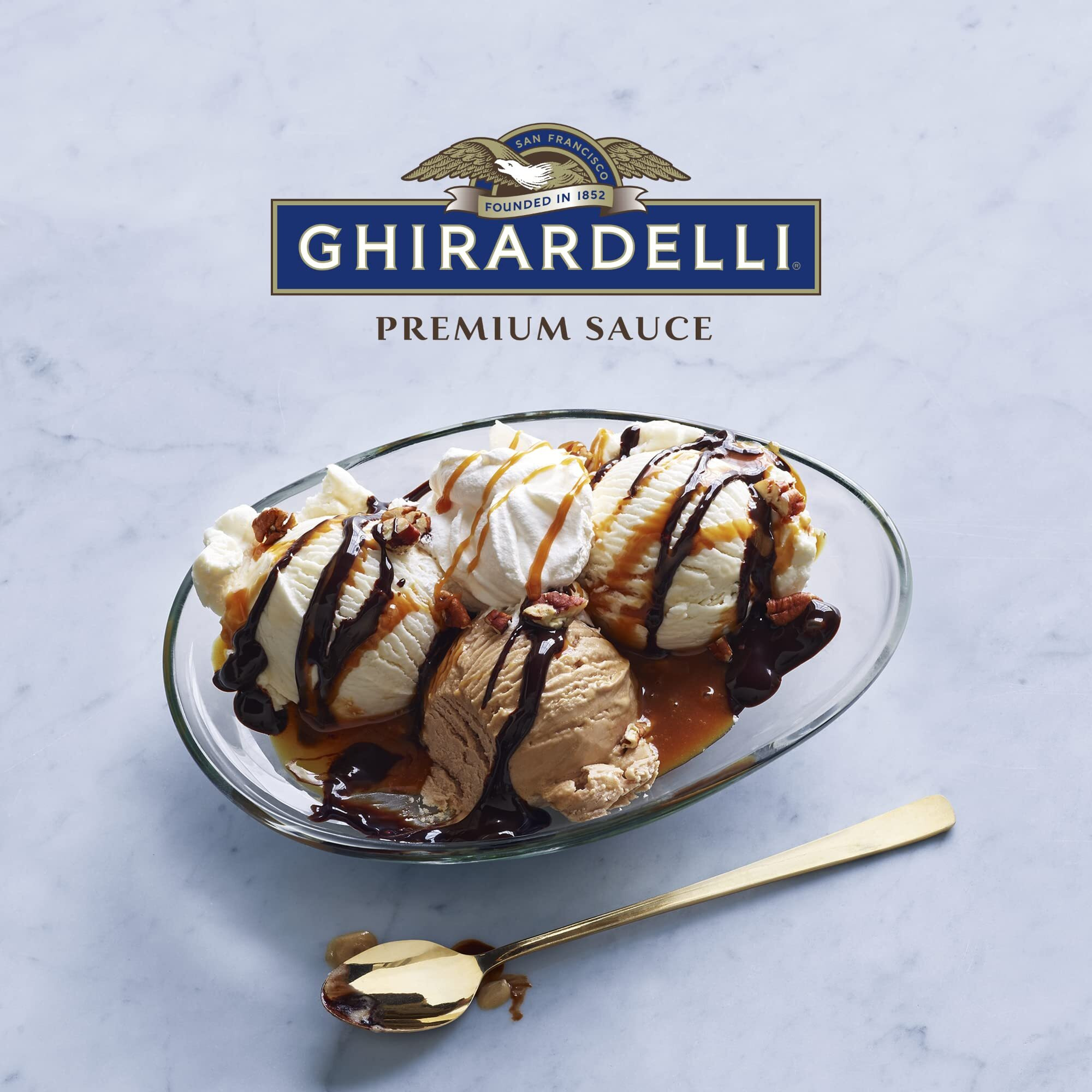 Ghirardelli Sea Salt Caramel And Chocolate Flavored Sauce 16 Oz Squeeze Bottles (Pack Of 2) With Ghirardelli Stamped Barista Spoon
