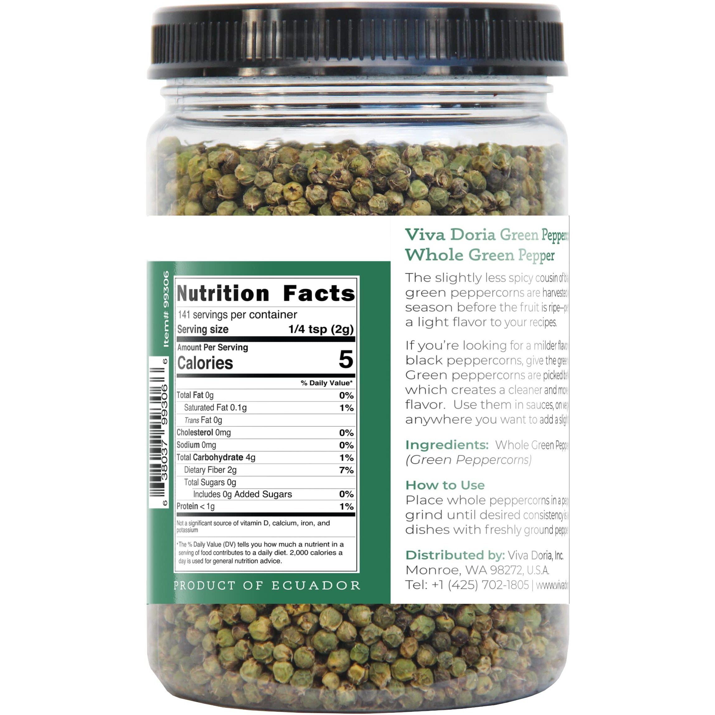 Viva Doria Green Peppercorns, Whole Green Pepper, Steam Sterilized,12 Oz (340 G), For Grinder Refills