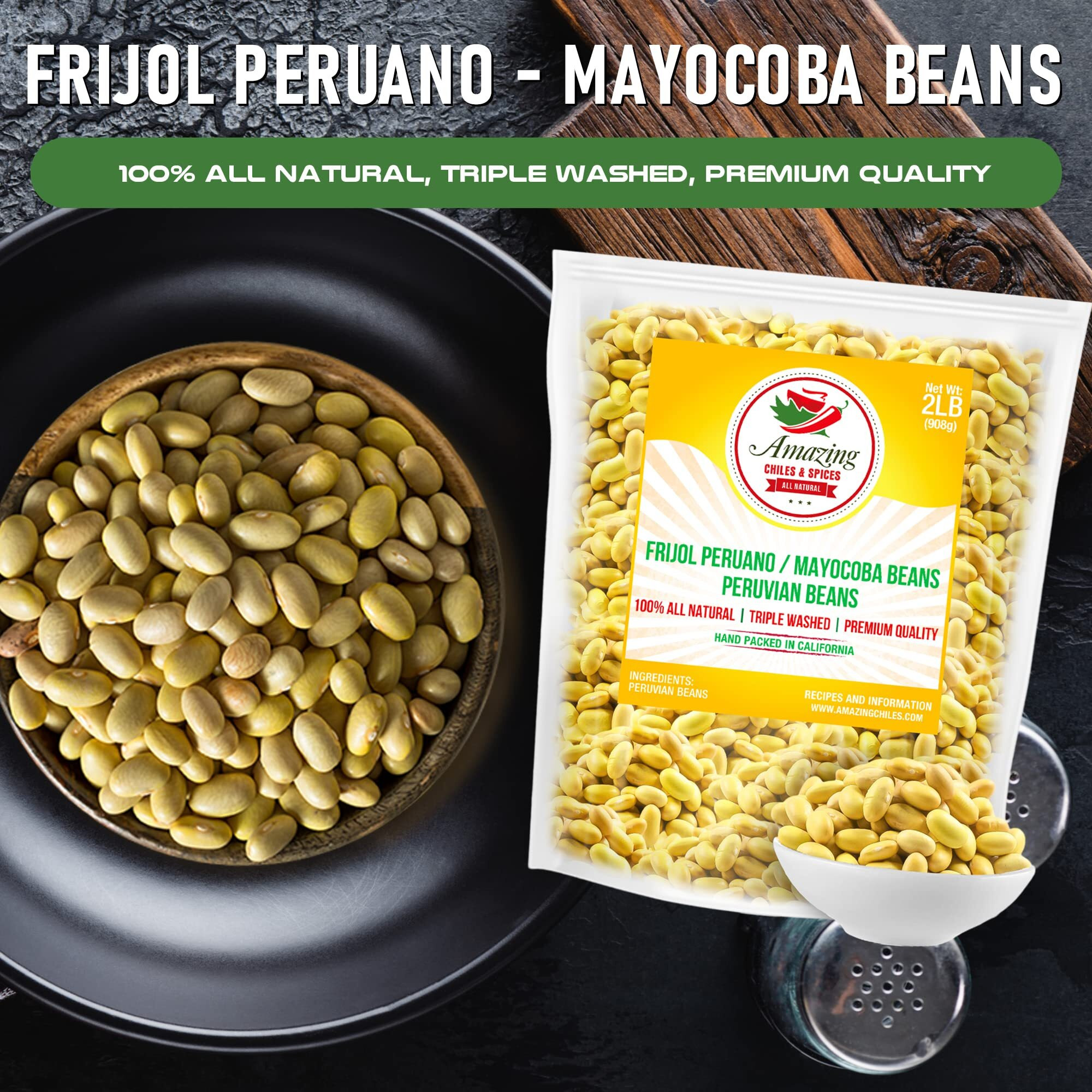 Canary (Peruvian) Beans 2 Lb Bag, - Frijol Peruano - Mayocoba Beans, 100% All Natural, Premium Quality. Triple Washed. By Amazing Chiles And Spices