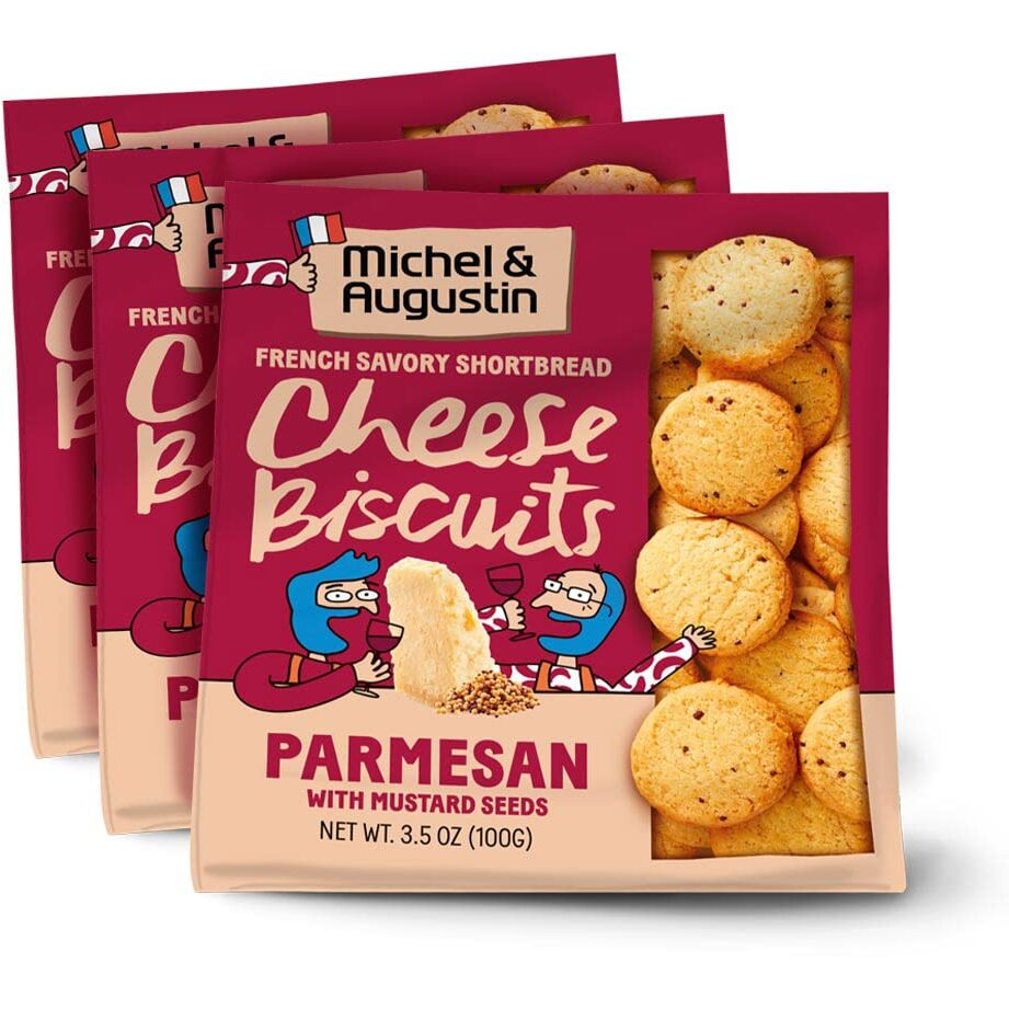 Michel Et Augustin Cheese Crackers, Parmesan Cheese Biscuits With Mustard Seeds, Crispy Gourmet Snacks, Savory Snacks Party Crackers, 3-Pack, 3.5 Oz. Bags