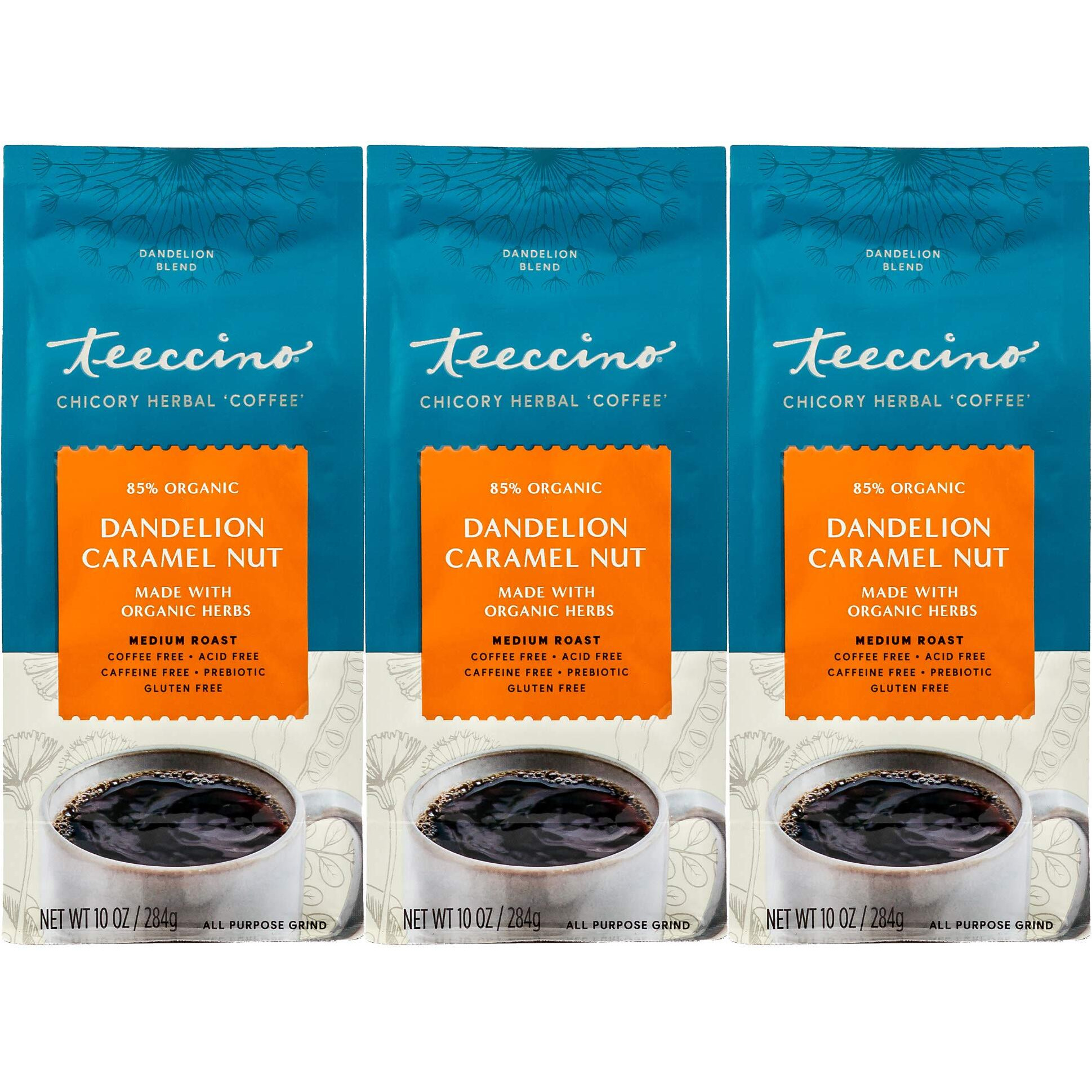 Teeccino Dandelion Caramel Nut Herbal Coffee - Caffeine-Free Coffee Alternative With Prebiotics, Gluten Free, Acid Free - Medium Roast, 10 Oz (Pack Of 3)