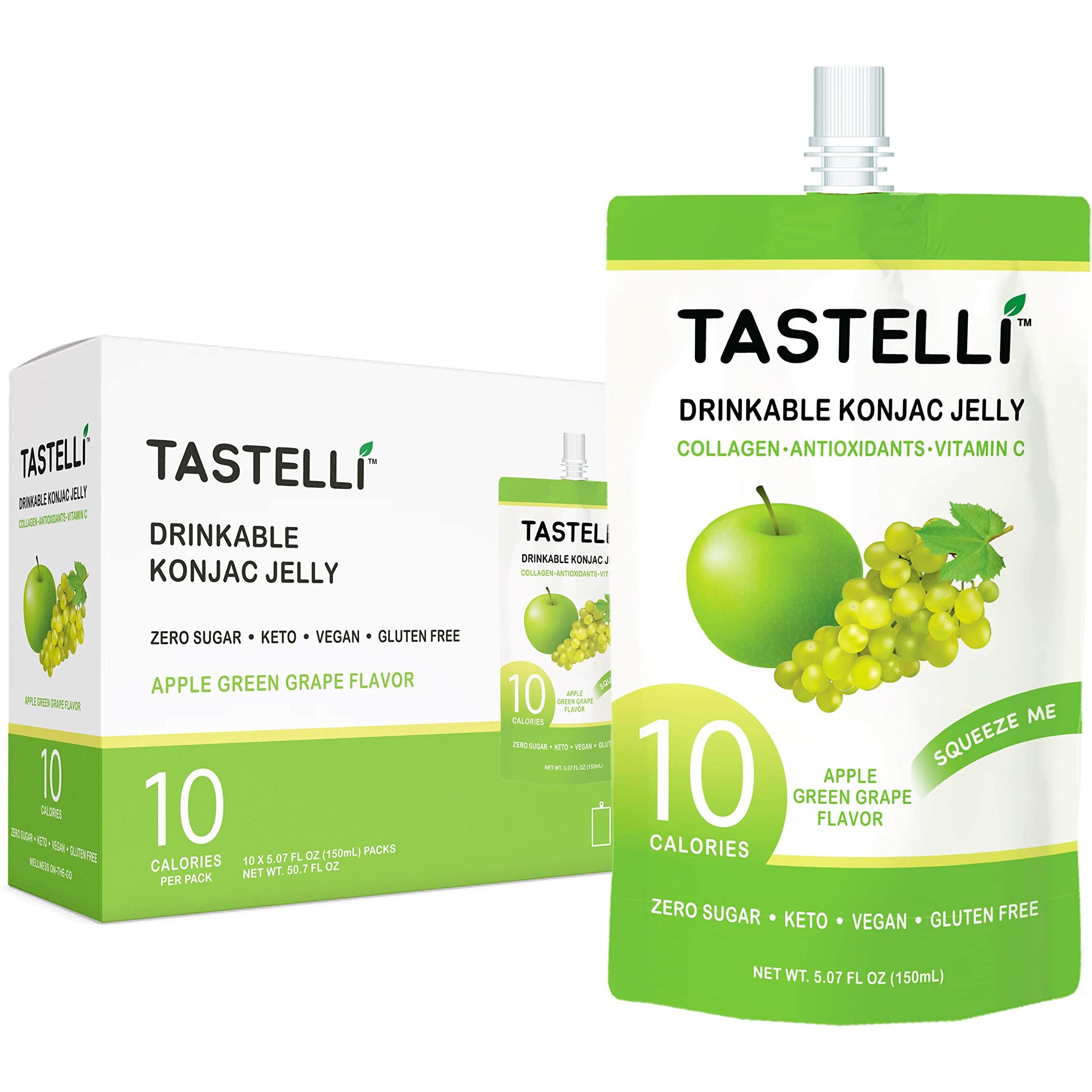 Tastelli Konjac Jelly 10 Calories, Zero Sugar, Enhanced Collagen Drink + Vitamin C + Antioxidants, Perfect For Weight Management And Satisfying Cravings (Apple + Green Grape) - 150Ml X 10 Pouches