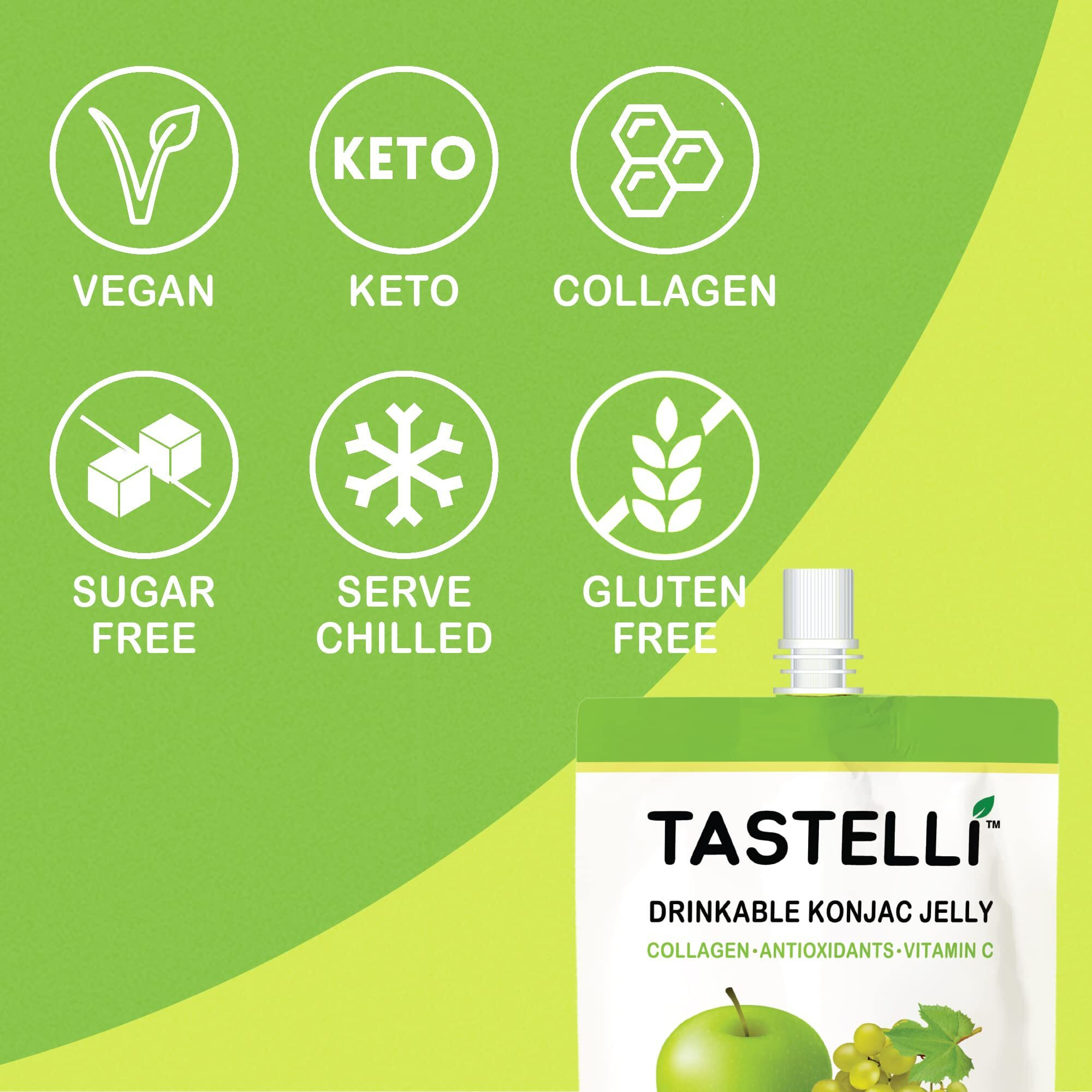 Tastelli Konjac Jelly 10 Calories, Zero Sugar, Enhanced Collagen Drink + Vitamin C + Antioxidants, Perfect For Weight Management And Satisfying Cravings (Apple + Green Grape) - 150Ml X 10 Pouches