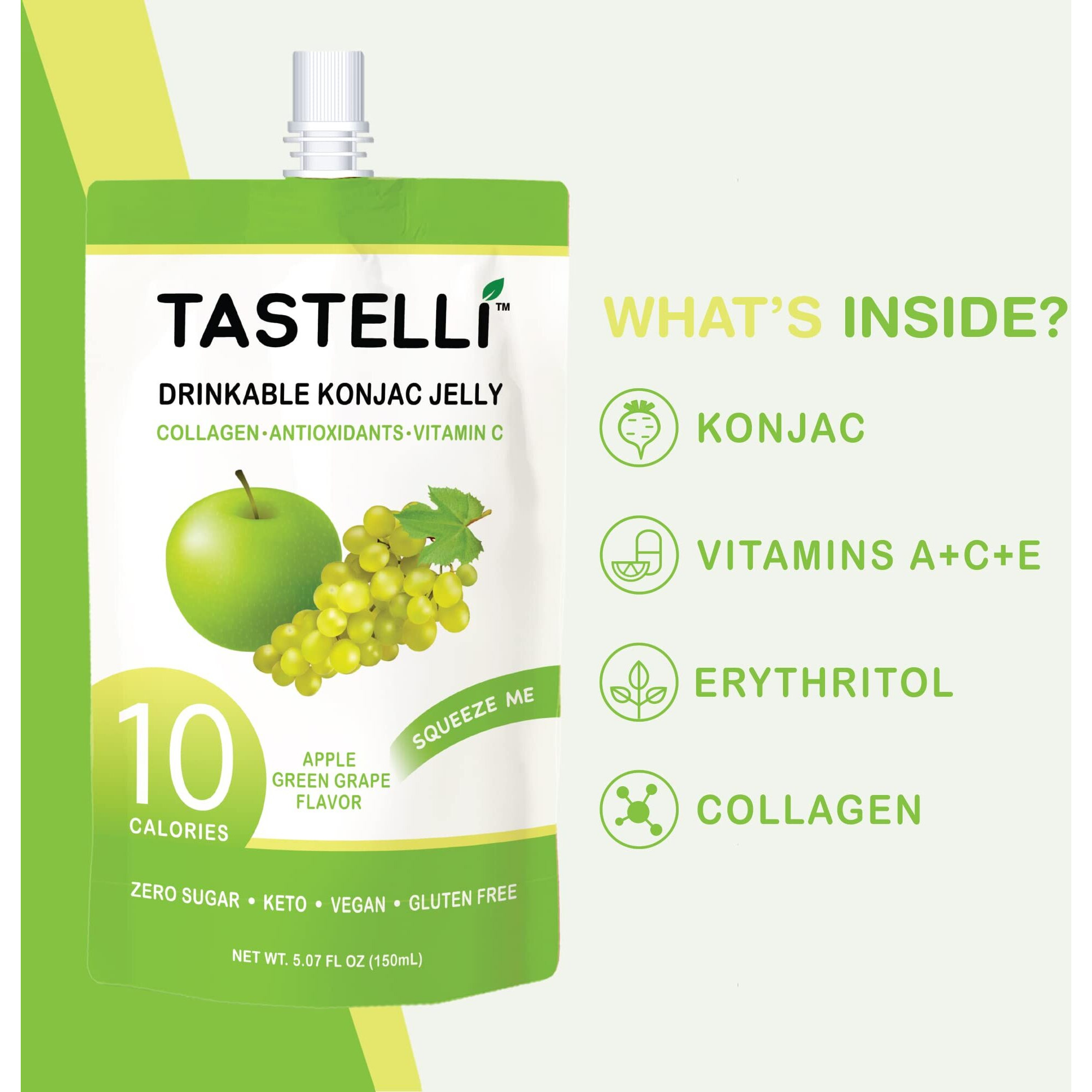 Tastelli Konjac Jelly 10 Calories, Zero Sugar, Enhanced Collagen Drink + Vitamin C + Antioxidants, Perfect For Weight Management And Satisfying Cravings (Apple + Green Grape) - 150Ml X 10 Pouches