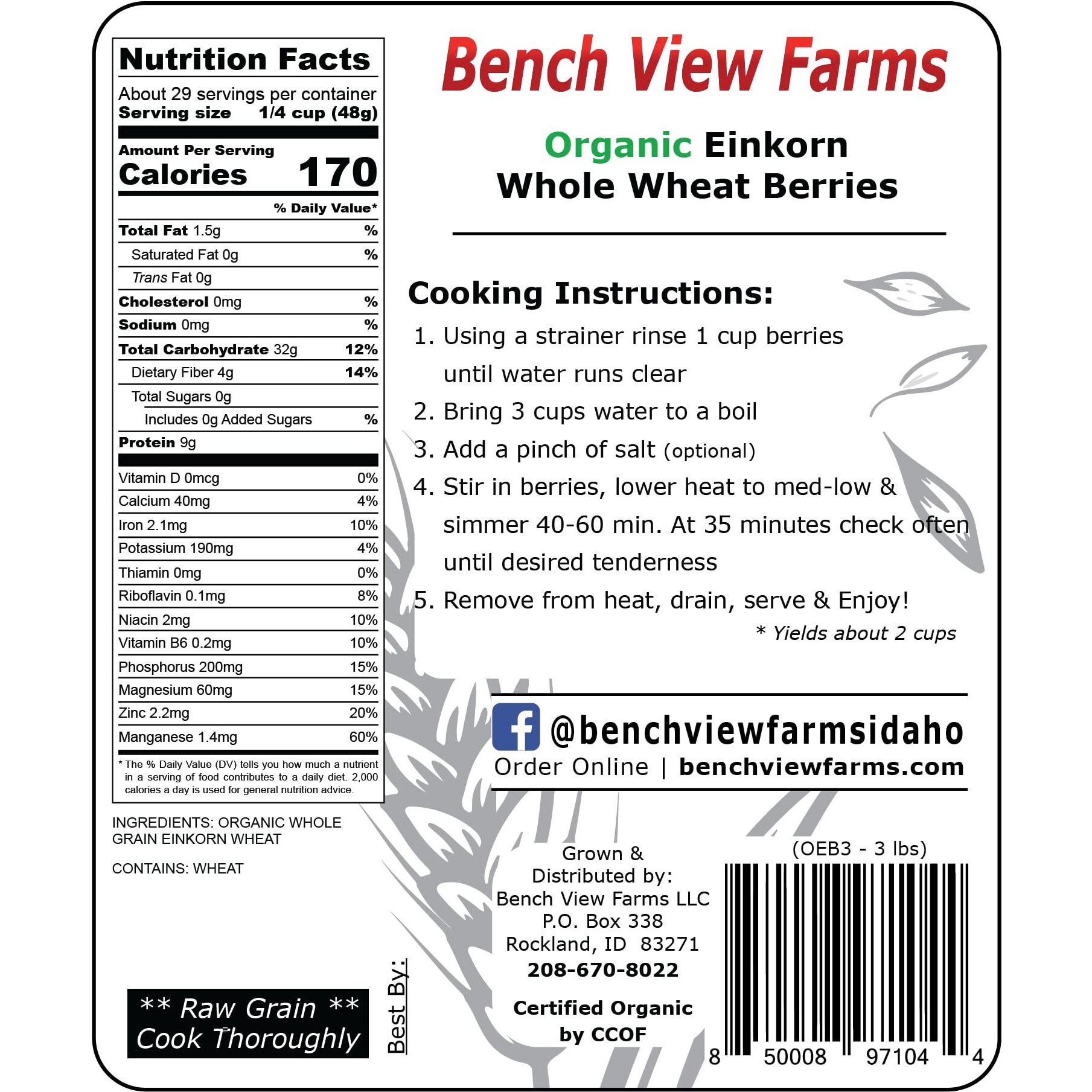 Organic Einkorn Wheat Berries - 3Lbs