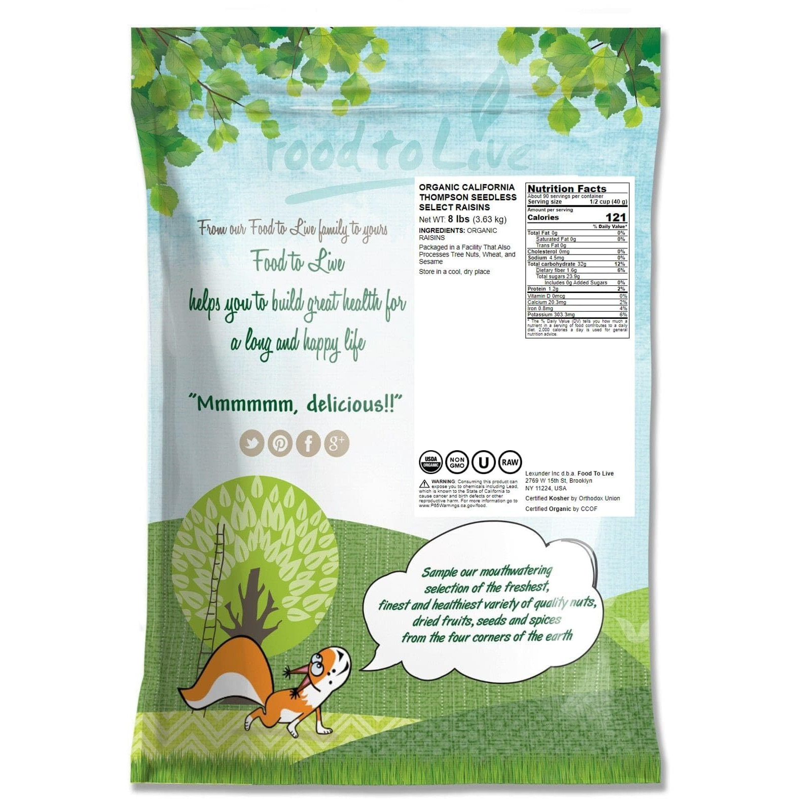 Food To Live California Organic Raisins, 8 Pounds - Thompson Seedless Select, Sun-Dried, Non-Gmo, Kosher, Unsulphured, Bulk, No Oil Added