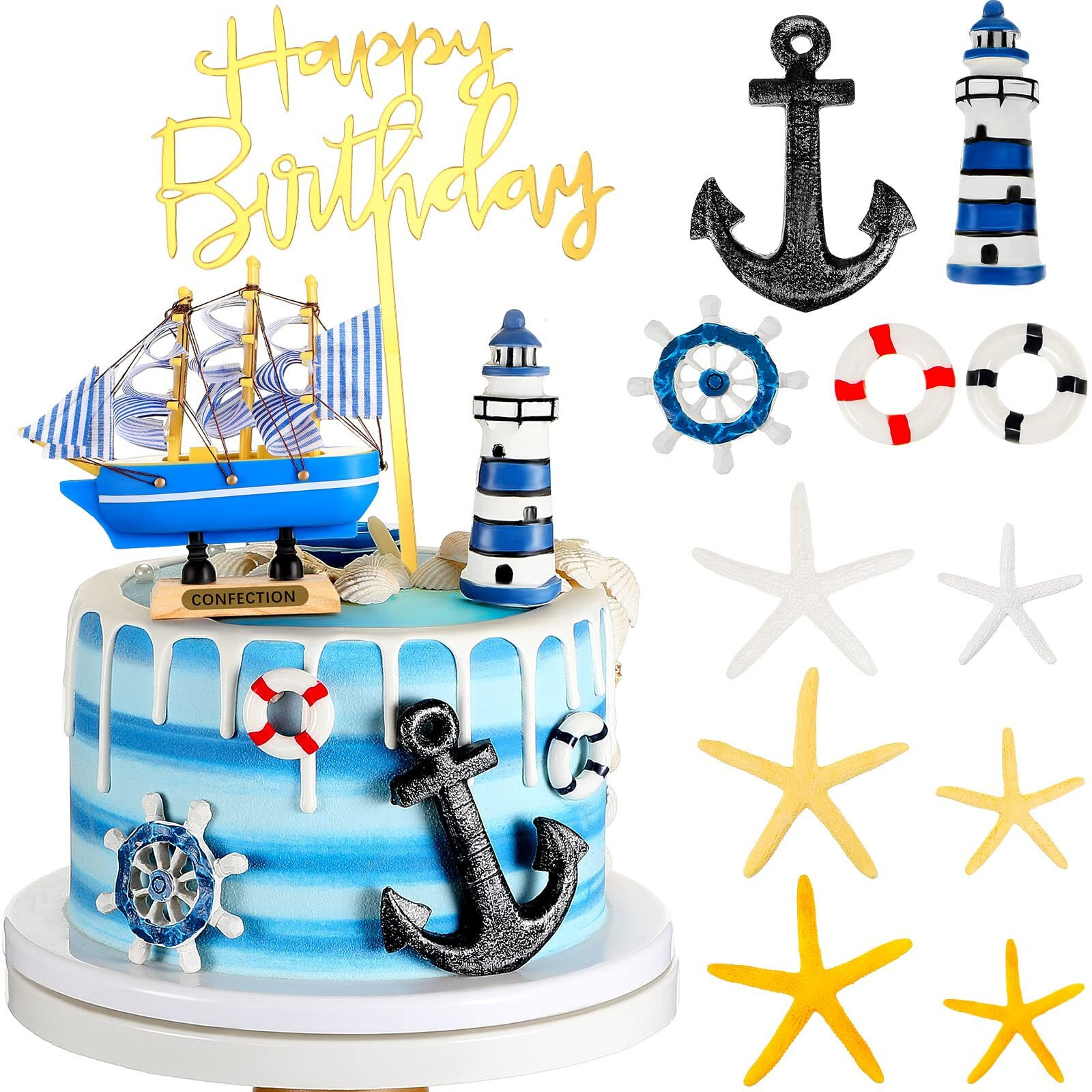 19 Pcs Nautical Cake Topper Pirate Cake Topper Ship Theme Cake Topper Nautical Cupcake Topper Nautical Party Decorations For Birthday Nautical Wedding Baby Shower Summer Party Decor