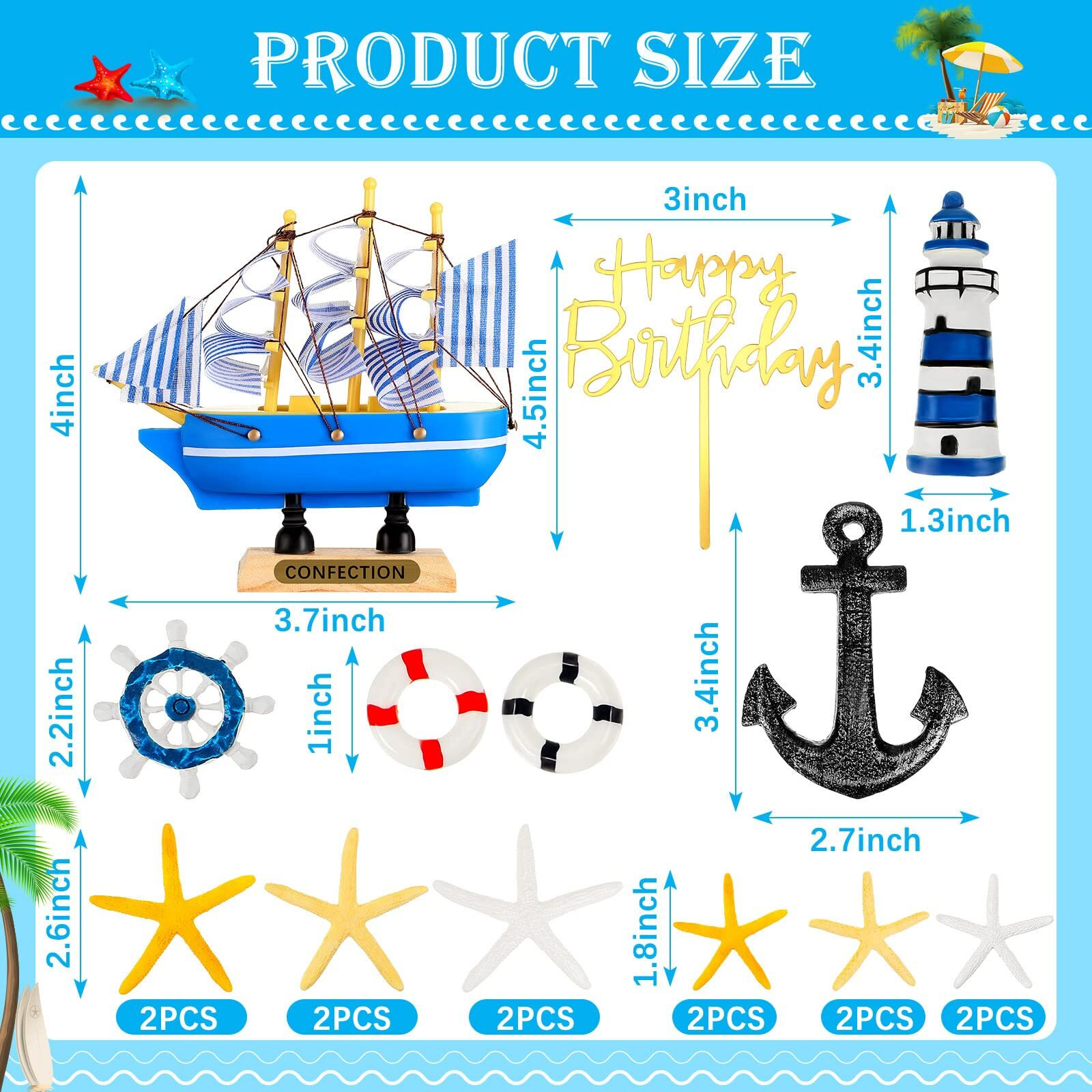 19 Pcs Nautical Cake Topper Pirate Cake Topper Ship Theme Cake Topper Nautical Cupcake Topper Nautical Party Decorations For Birthday Nautical Wedding Baby Shower Summer Party Decor