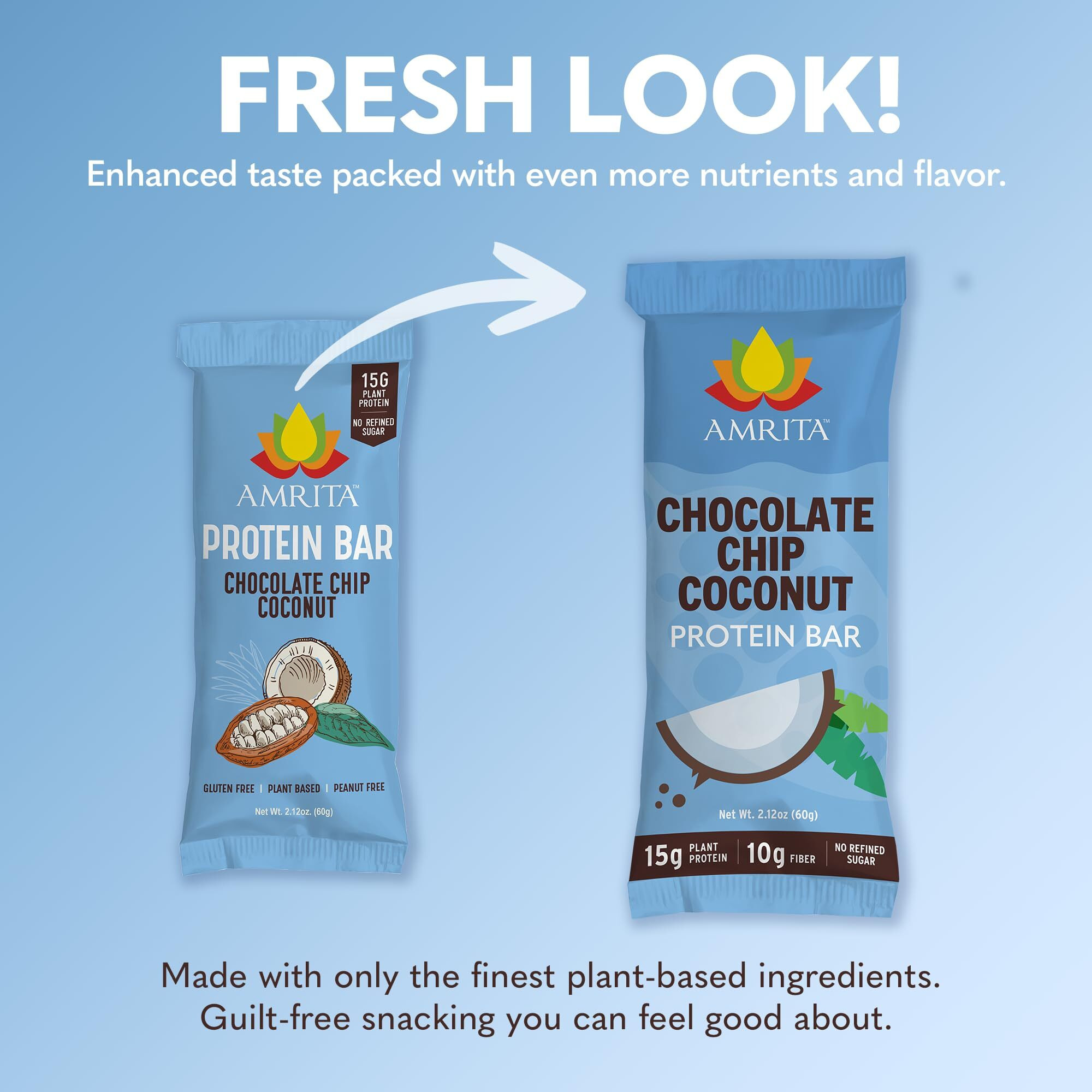 Amrita Chocolate Chip Coconut Vegan Protein Bars - Peanut/Dairy Free, Soy & Gluten Free -15G Plant Based Protein Bars, High Fiber Low Sugar Meal Replacement Bar, Breakfast Bars